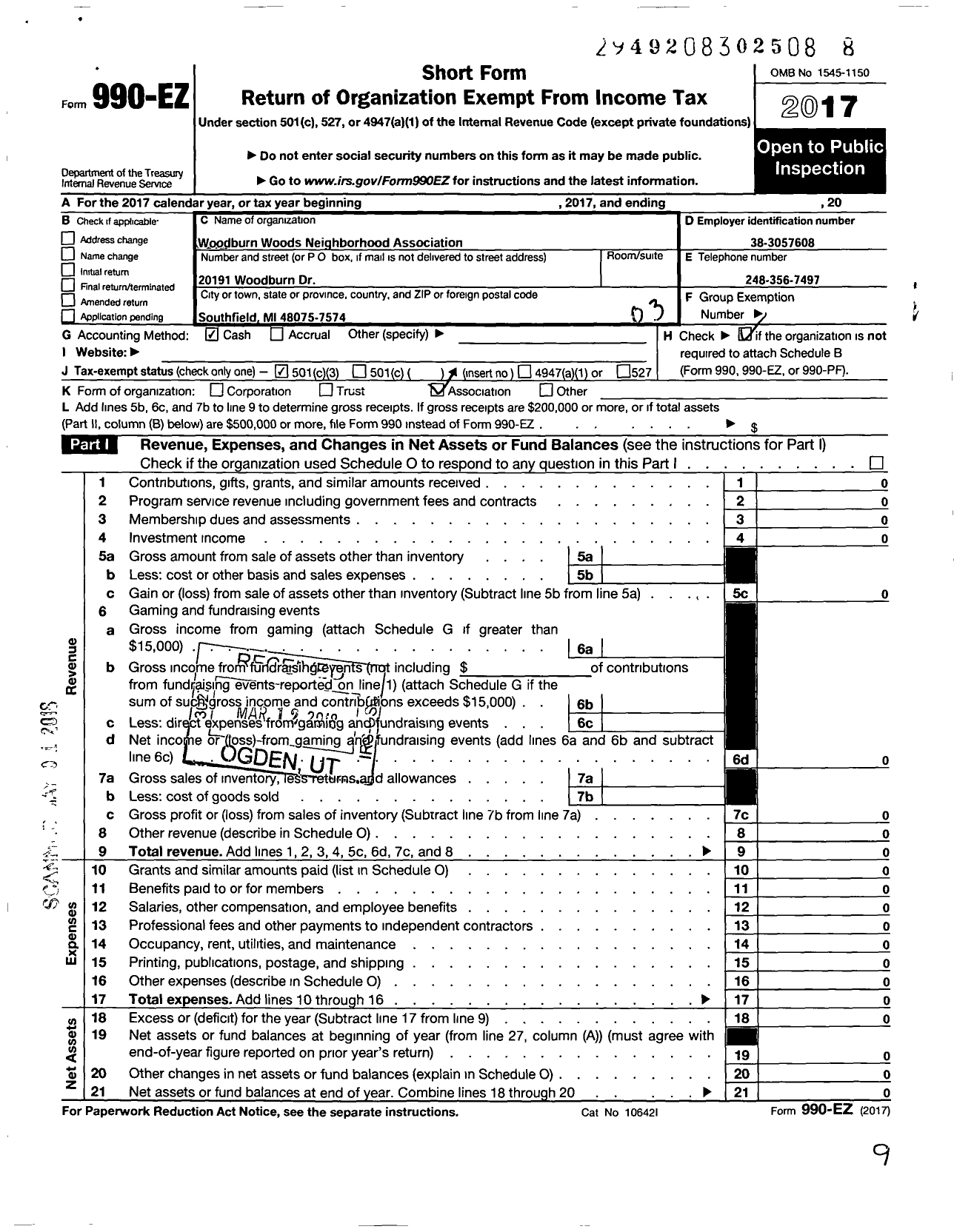 Image of first page of 2017 Form 990EZ for Woodburn Woods Neighborhood Association