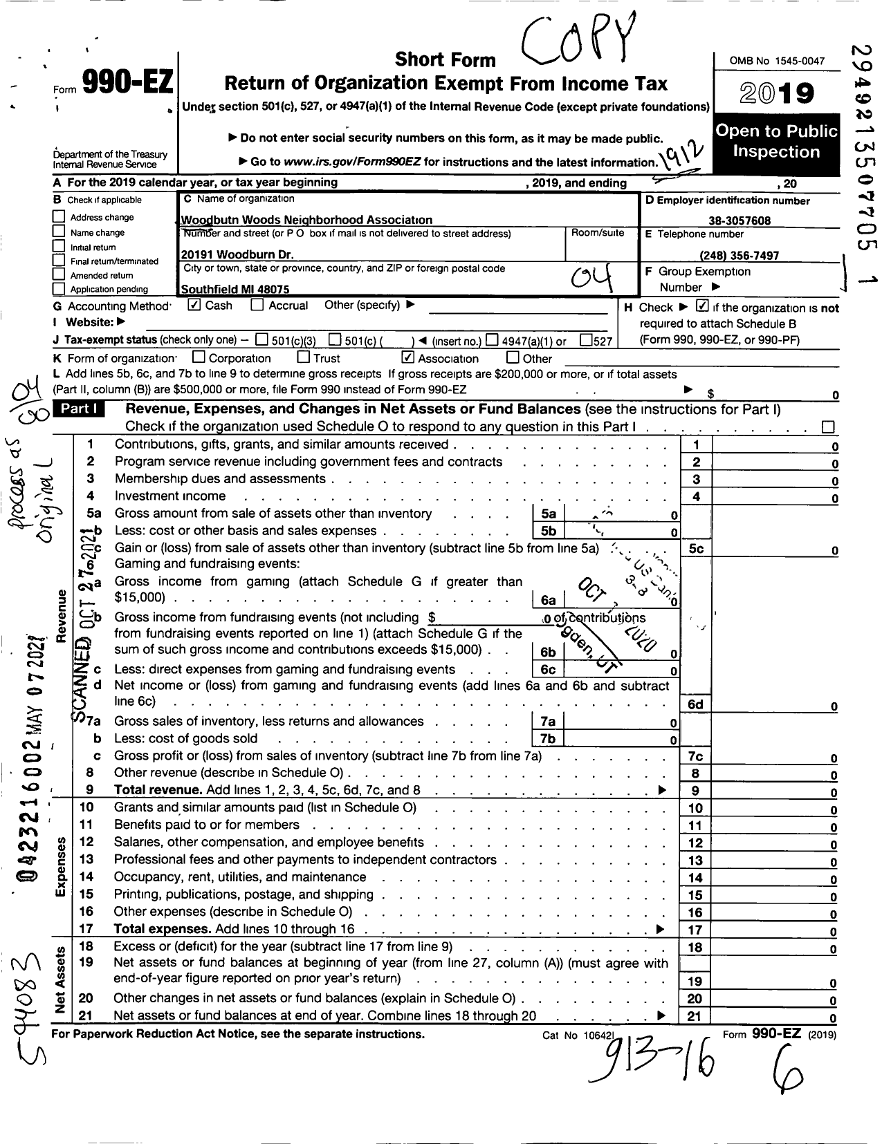 Image of first page of 2019 Form 990O for Woodburn Woods Neighborhood Association