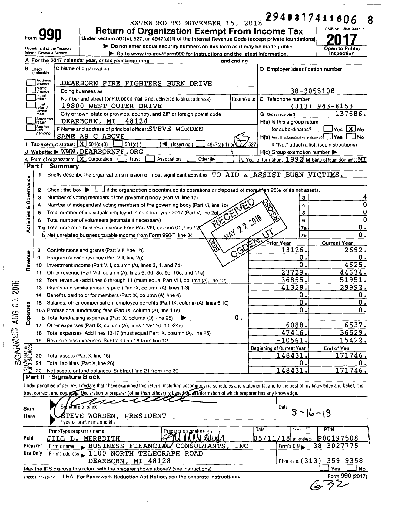 Image of first page of 2017 Form 990 for Dearborn Fire Fighters Burn Drive