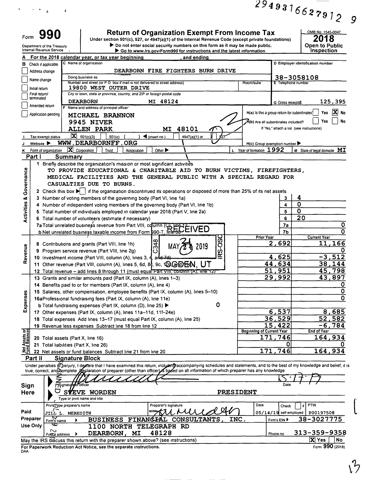Image of first page of 2018 Form 990 for Dearborn Fire Fighters Burn Drive