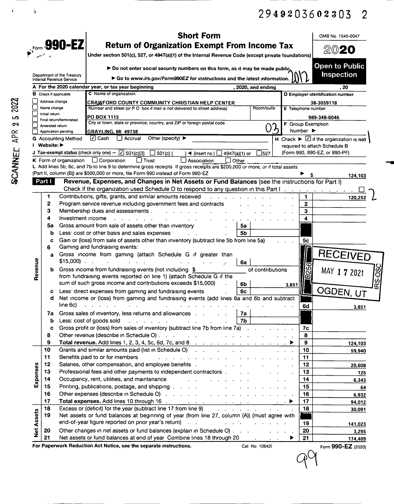 Image of first page of 2020 Form 990EZ for Crawford County Community Christian Help Center