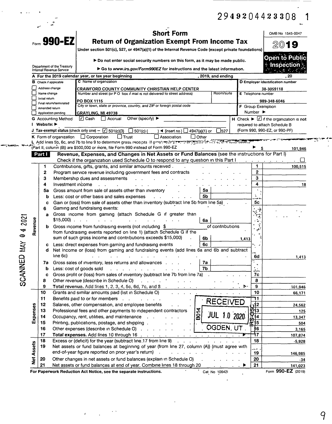 Image of first page of 2019 Form 990EZ for Crawford County Community Christian Help Center