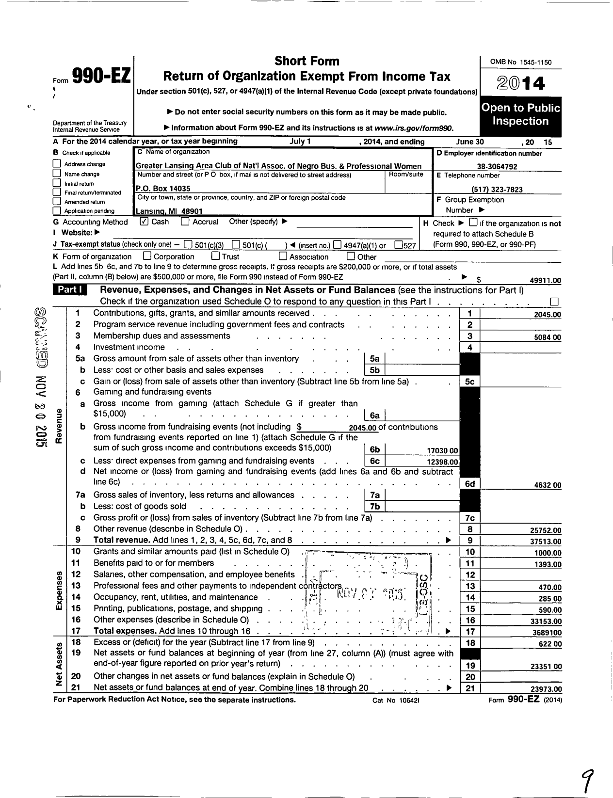 Image of first page of 2014 Form 990EO for National Association of Negro Busin Ess and Prefessional Womens C