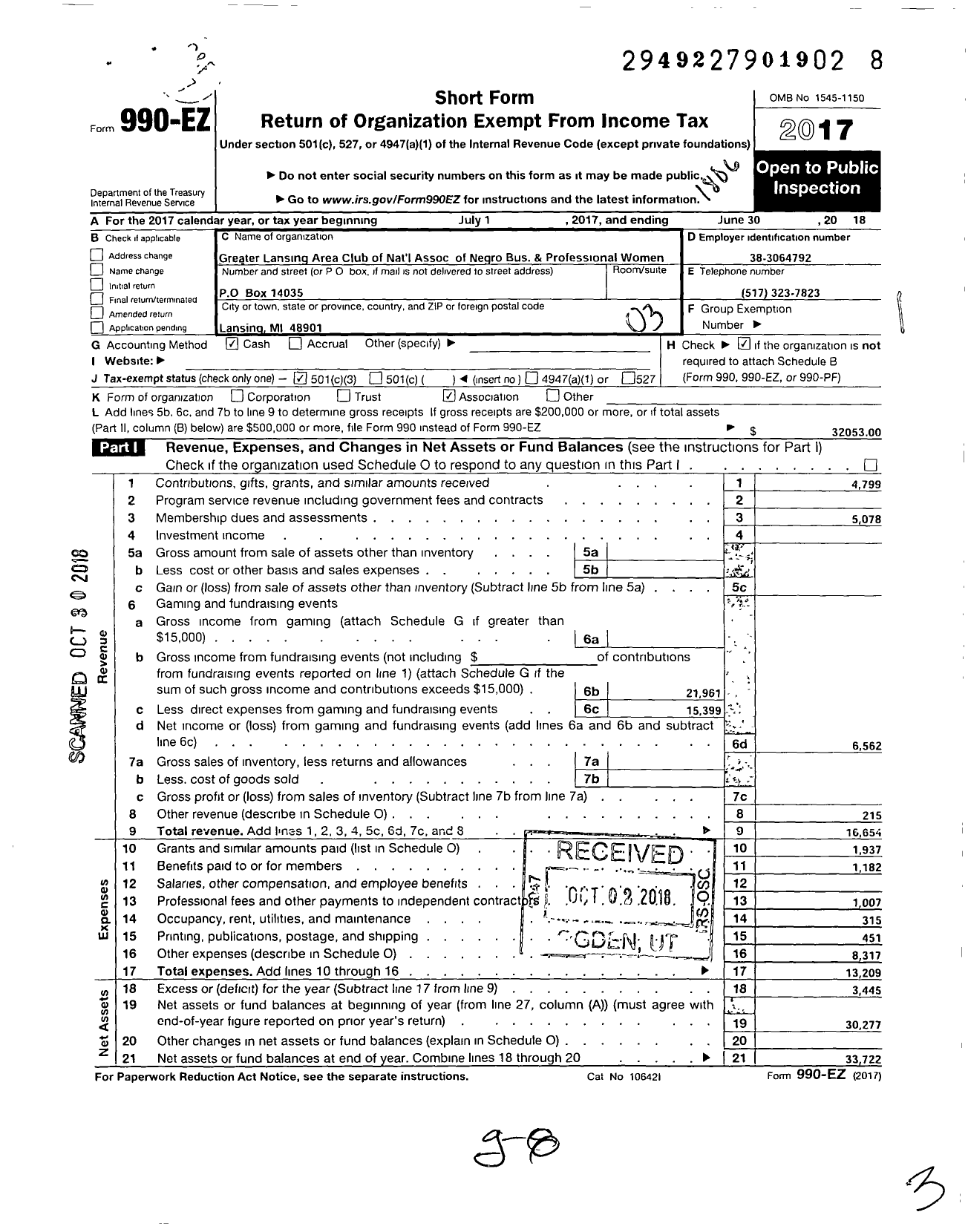 Image of first page of 2017 Form 990EZ for National Association of Negro Busin Ess and Prefessional Womens C