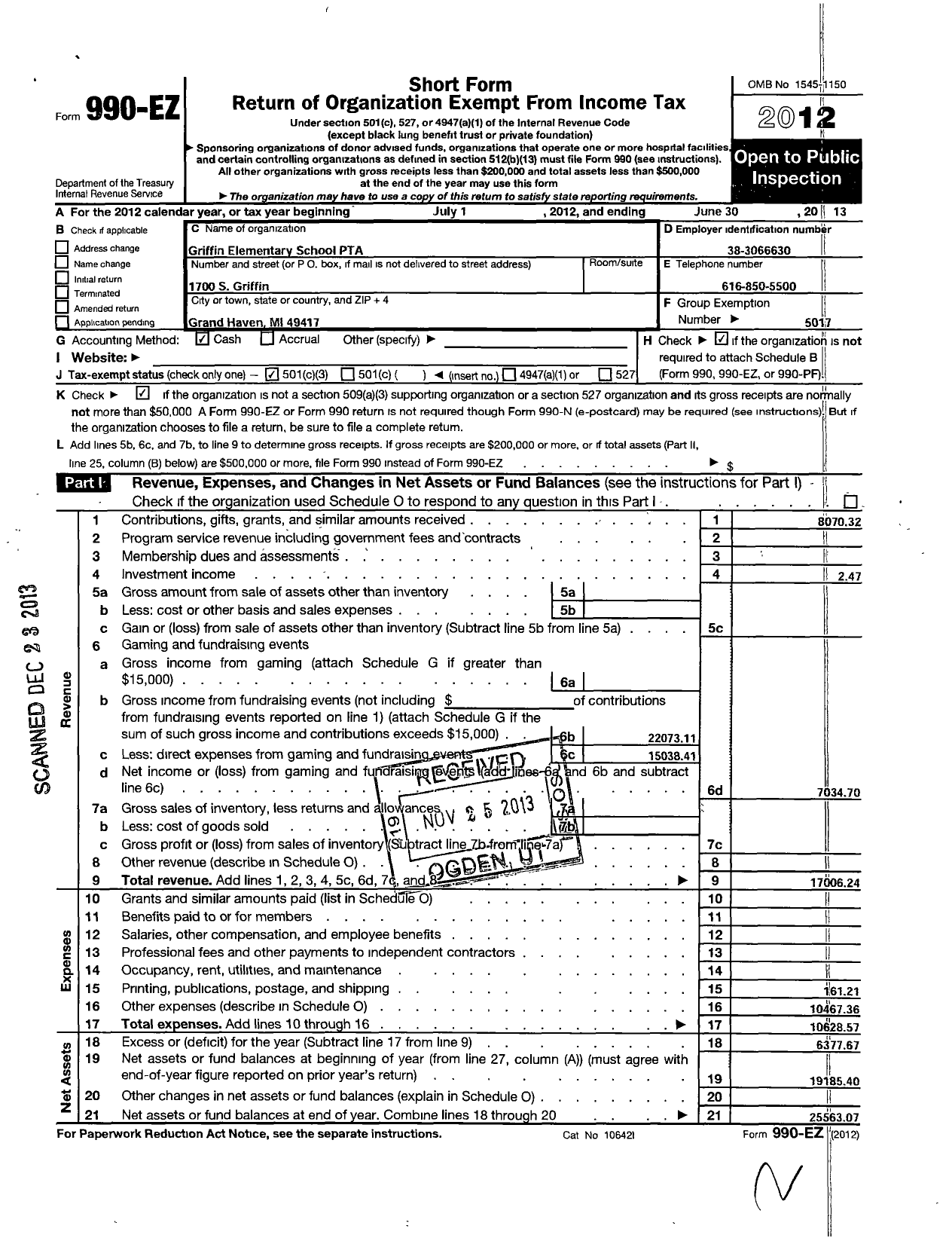 Image of first page of 2012 Form 990EZ for Ptsa Michigan Congress of Parents Teachers and Students / Griffin Elementary PTA