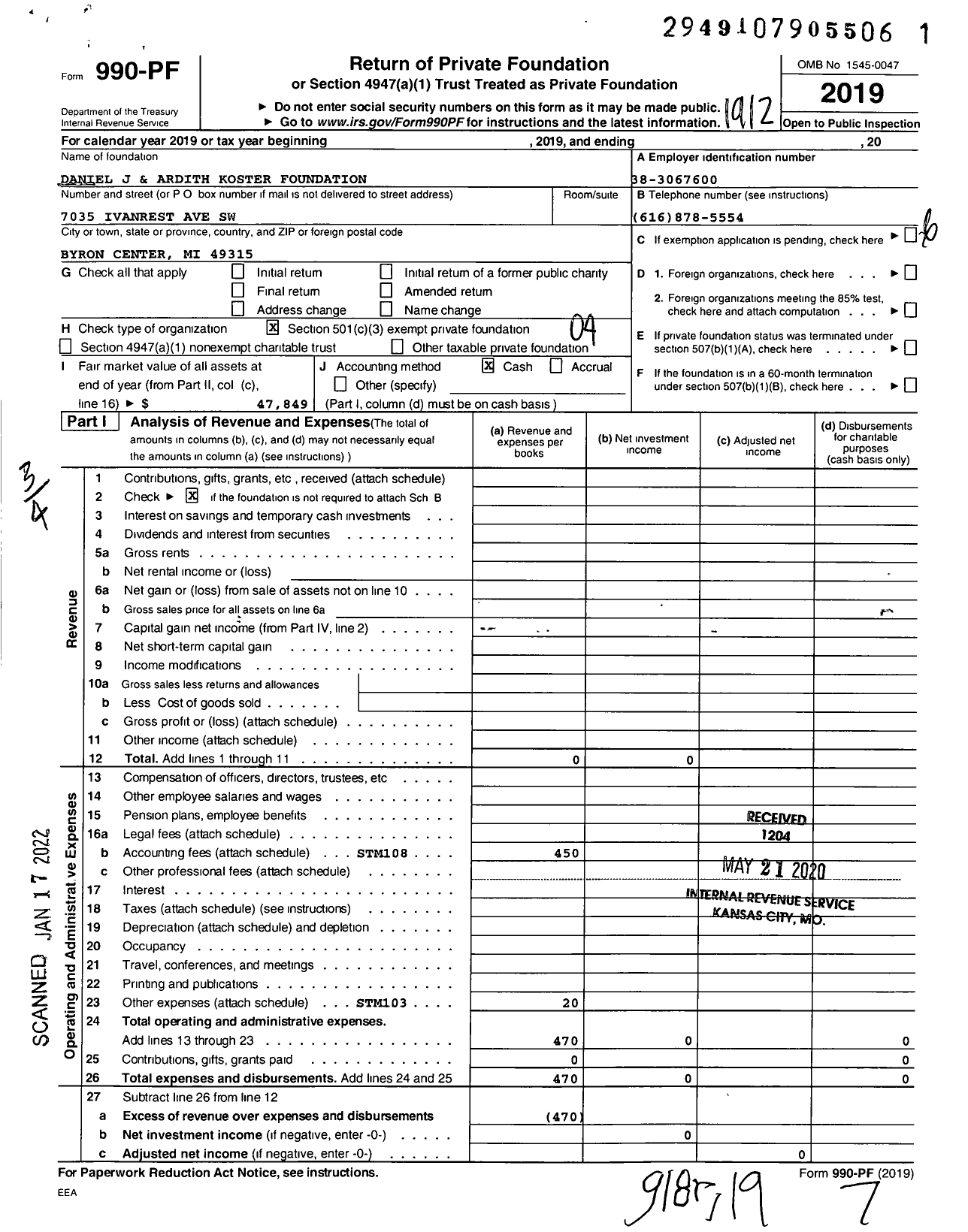 Image of first page of 2019 Form 990PF for Daniel J and Ardith Koster Foundation