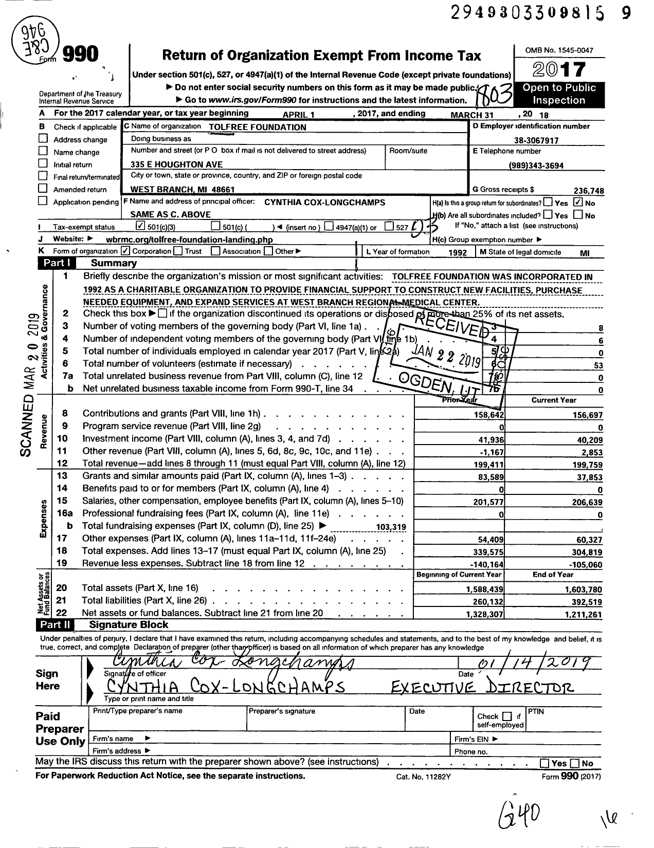 Image of first page of 2017 Form 990 for Tolfree Foundation