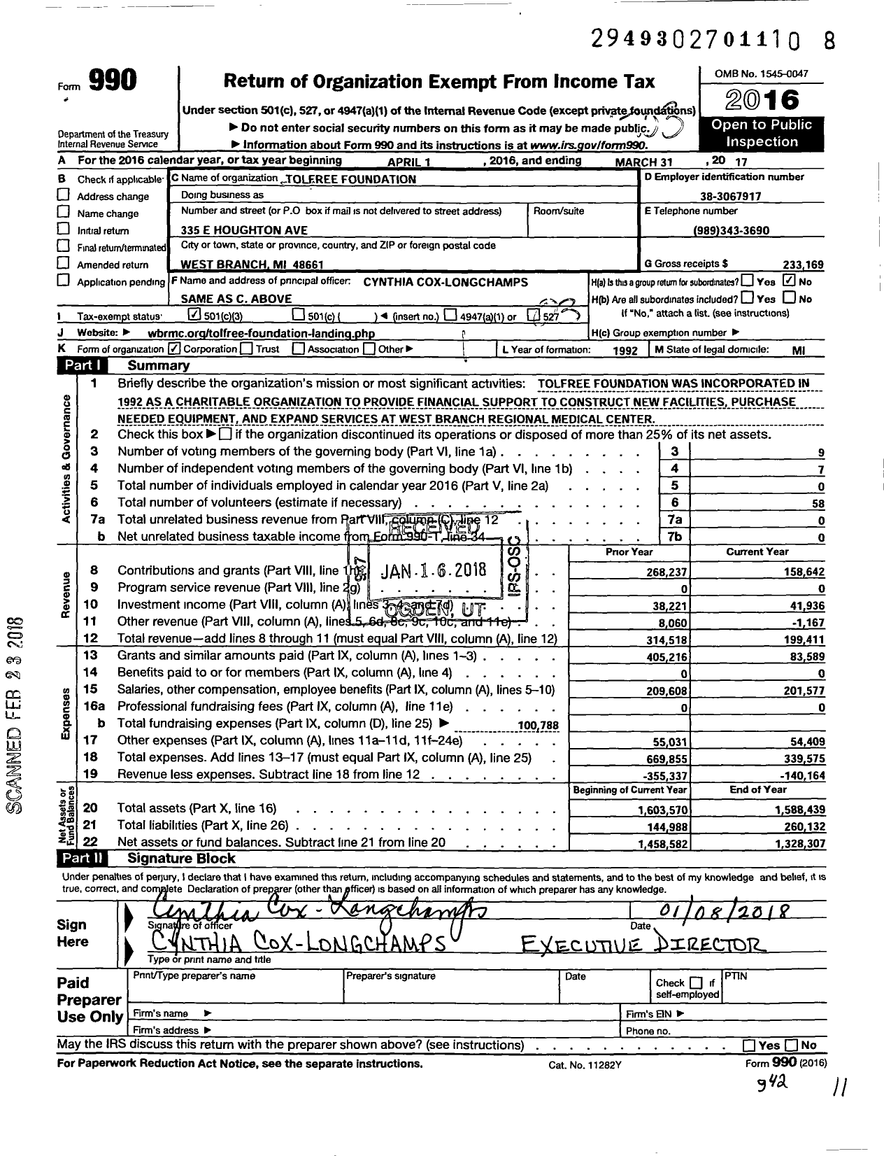 Image of first page of 2016 Form 990 for Tolfree Foundation