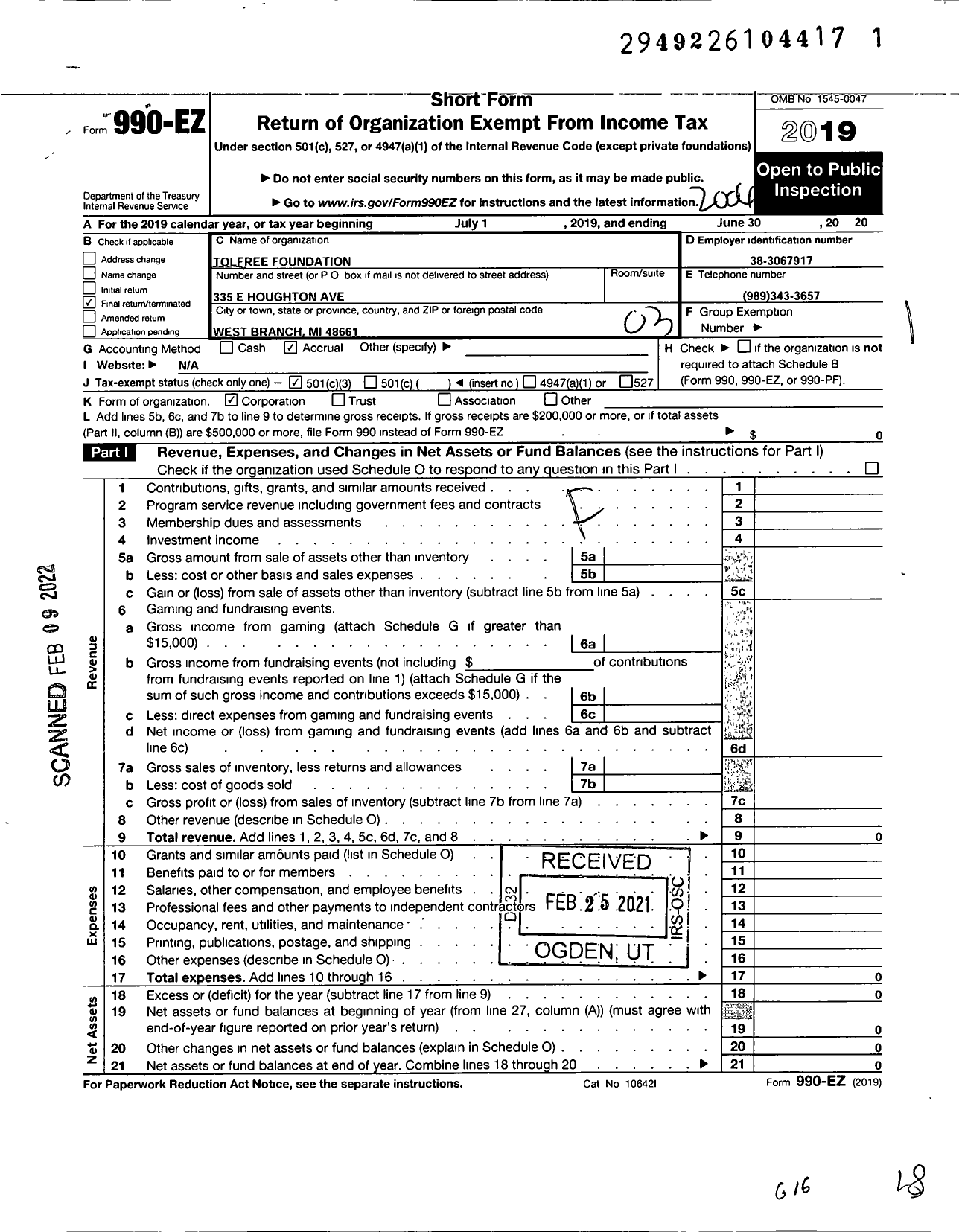 Image of first page of 2019 Form 990EZ for Tolfree Foundation