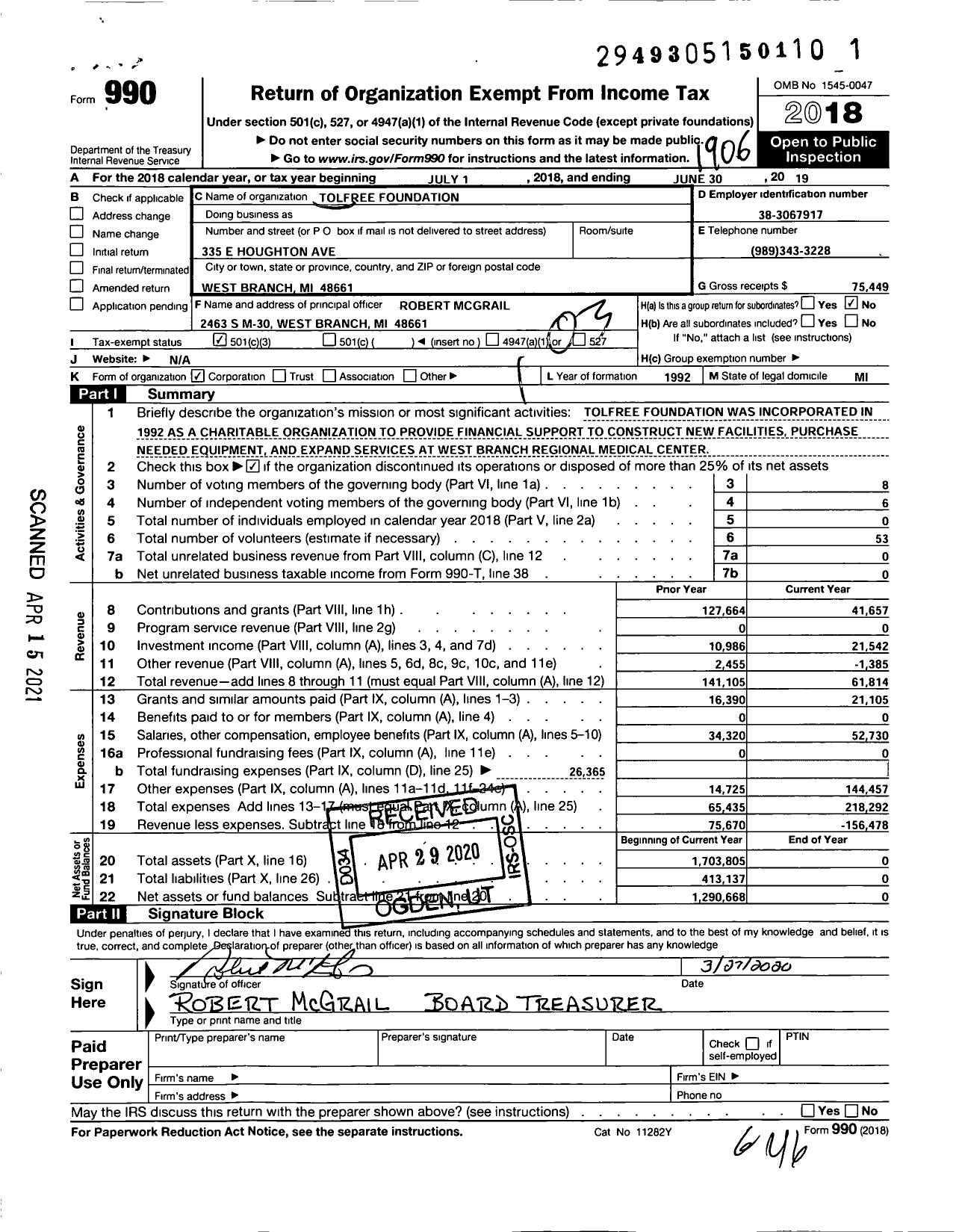 Image of first page of 2018 Form 990 for Tolfree Foundation