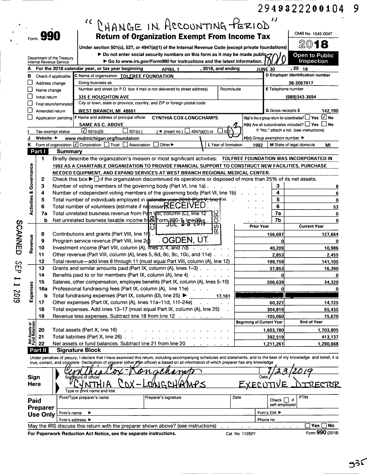 Image of first page of 2017 Form 990 for Tolfree Foundation