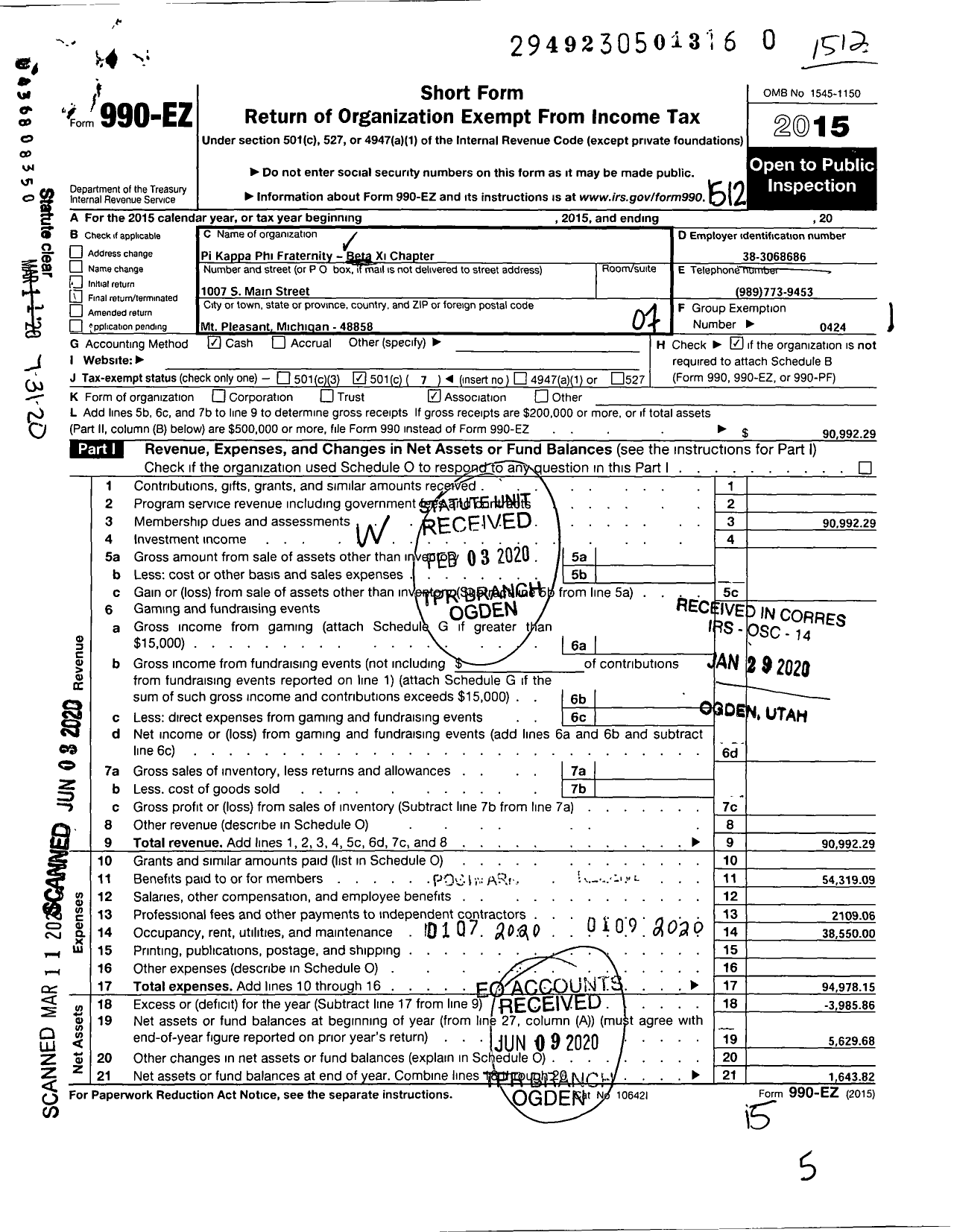 Image of first page of 2015 Form 990EO for Pi Kappa Phi Fraternity