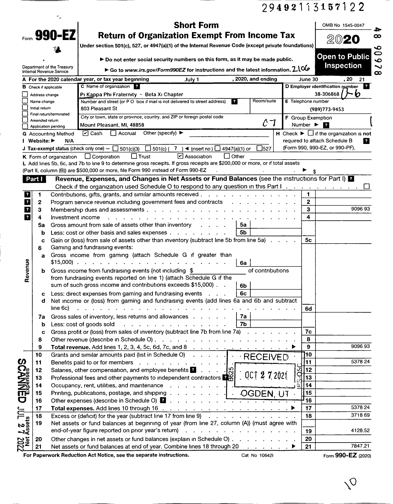 Image of first page of 2020 Form 990EO for Pi Kappa Phi Fraternity