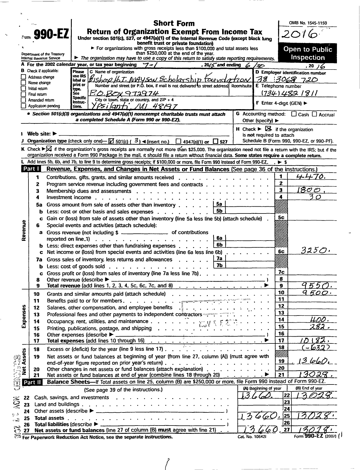 Image of first page of 2015 Form 990EZ for Bishop H Irving Mayson Scholarship Foundation