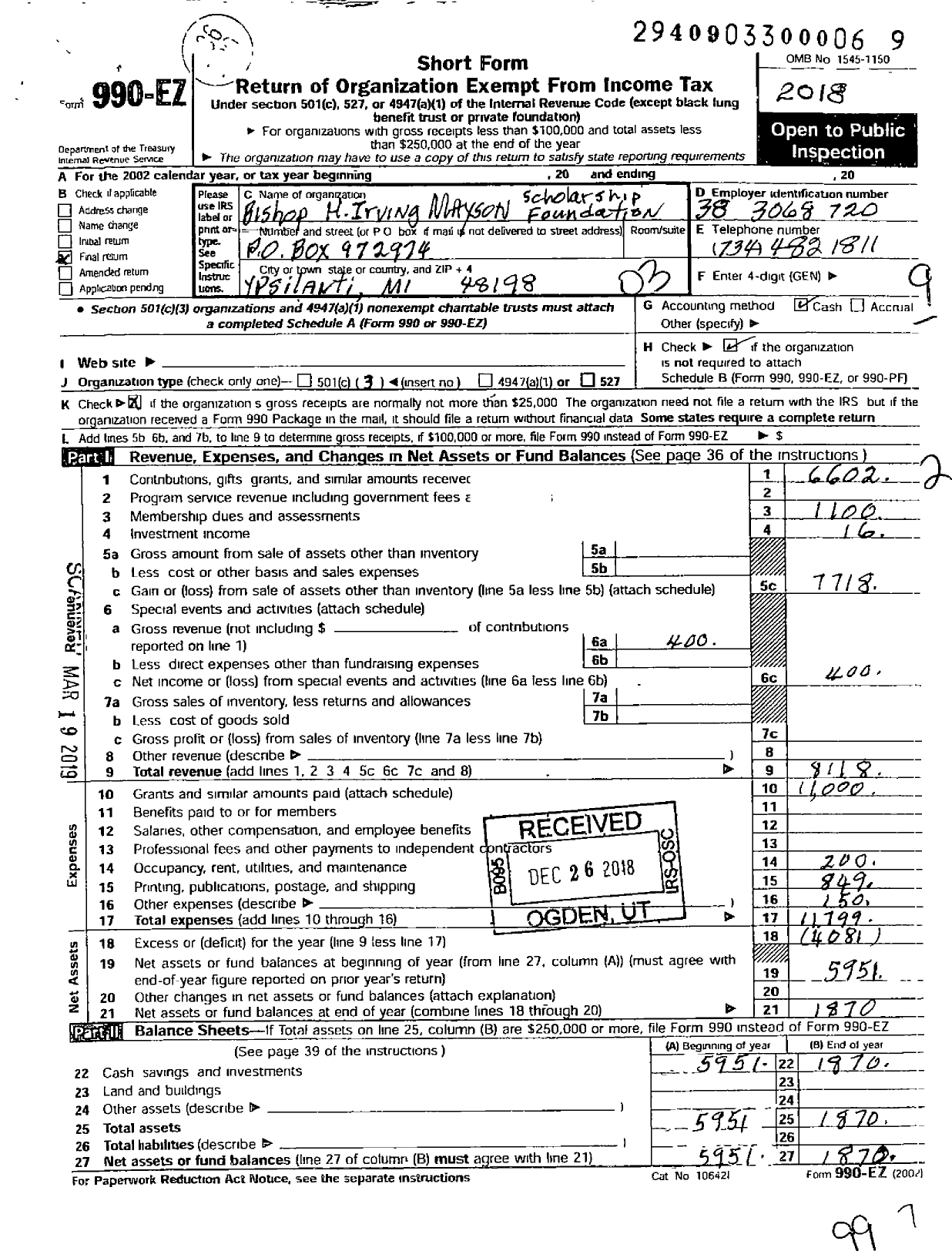 Image of first page of 2018 Form 990EZ for Bishop H Irving Mayson Scholarship Foundation