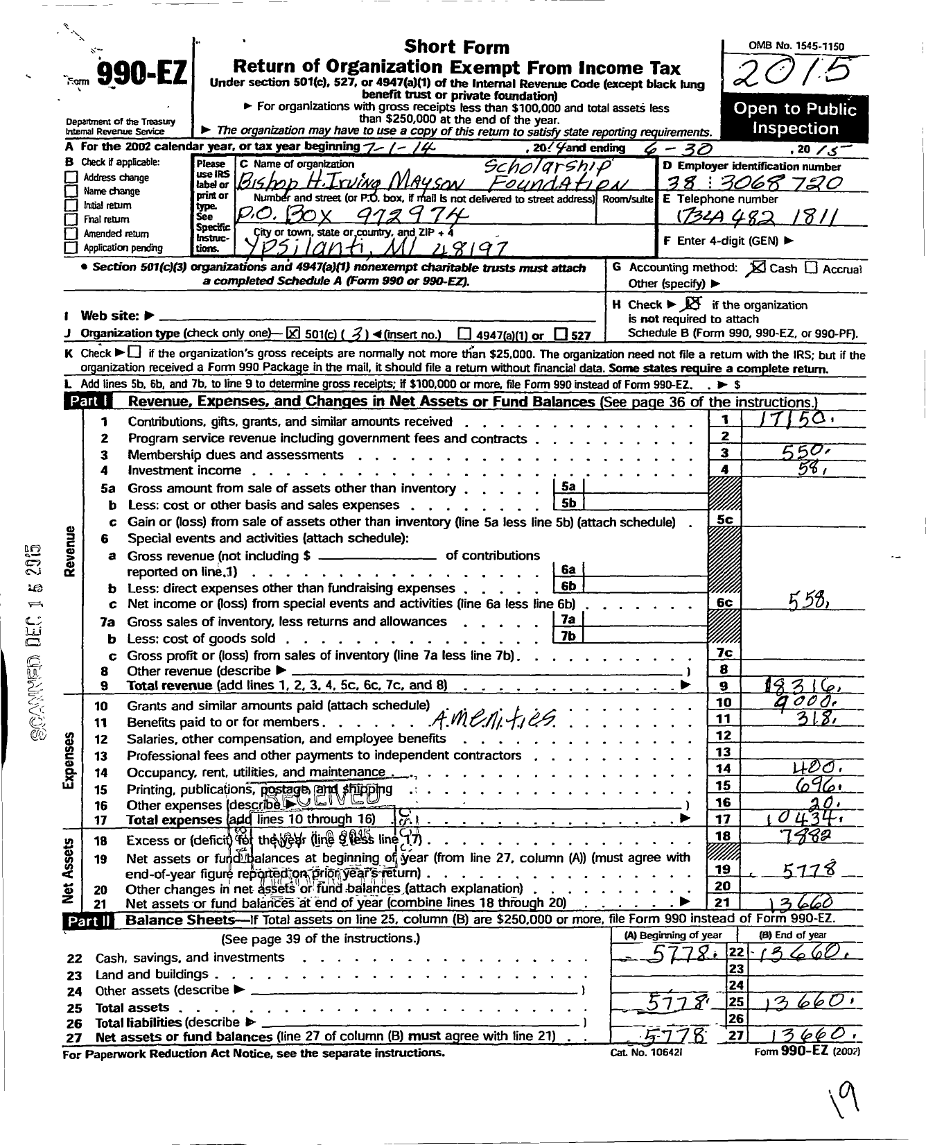 Image of first page of 2014 Form 990EZ for Bishop H Irving Mayson Scholarship Foundation