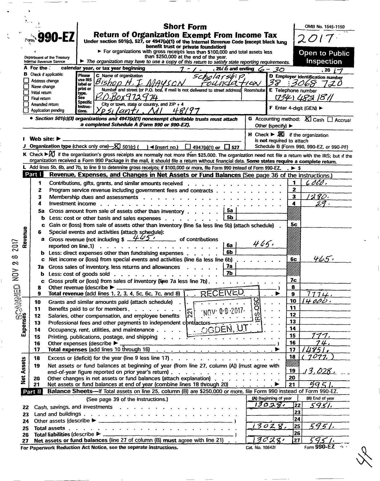 Image of first page of 2016 Form 990EO for Bishop H Irving Mayson Scholarship Foundation