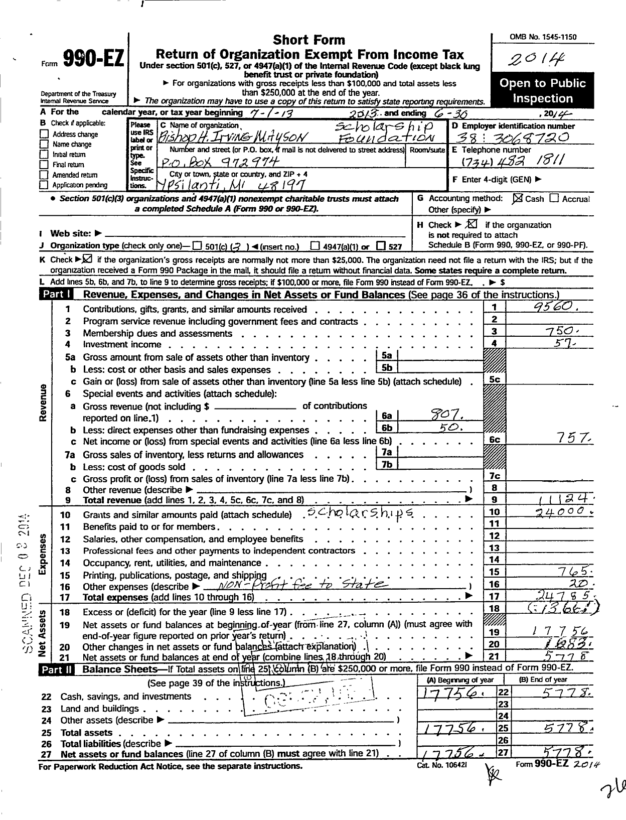 Image of first page of 2013 Form 990EZ for Bishop H Irving Mayson Scholarship Foundation