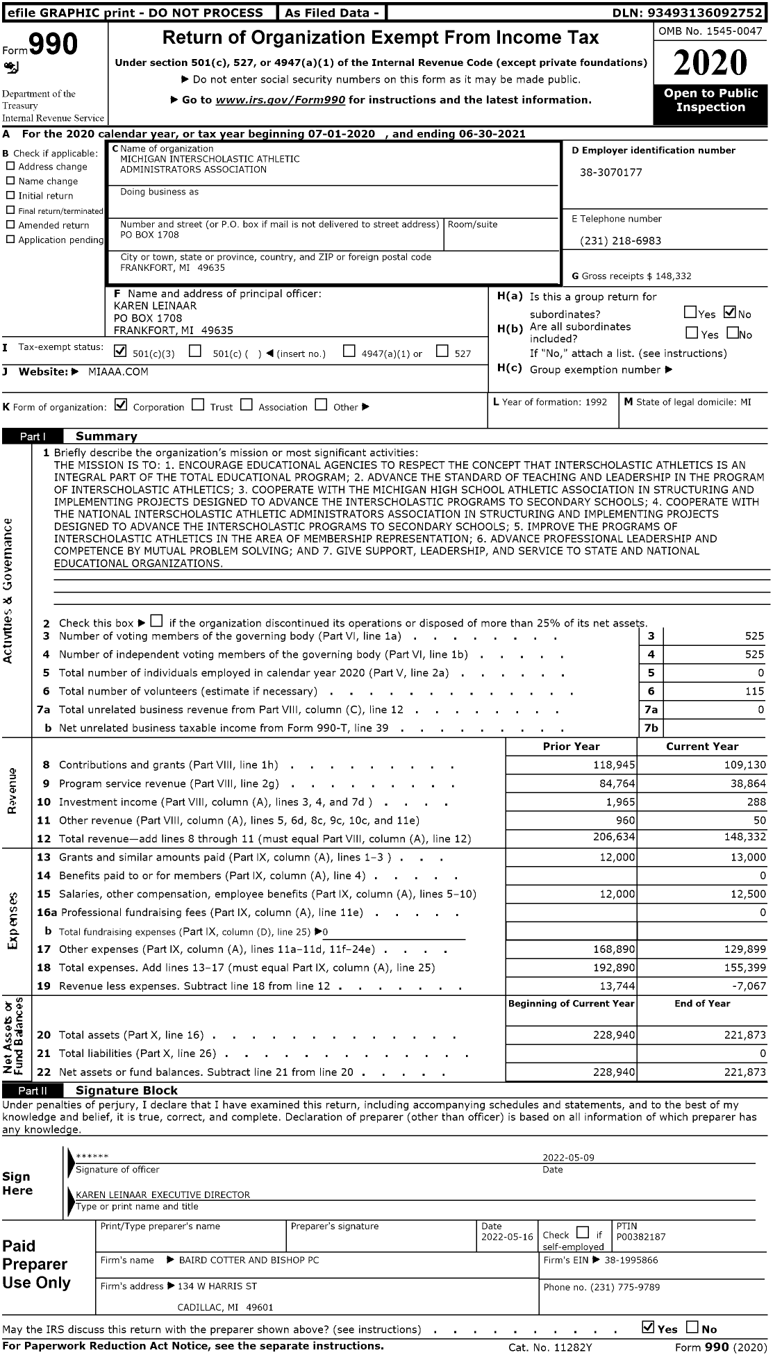 Image of first page of 2020 Form 990 for Michigan Interscholastic Athletic Administrators Association (MIAAA)