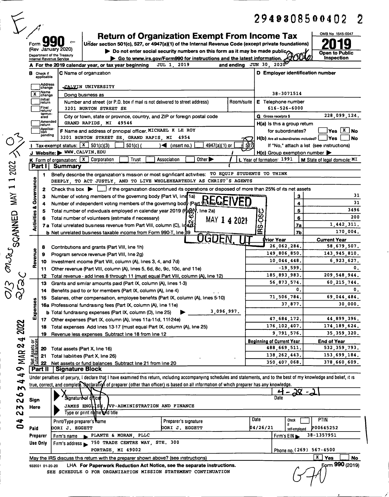 Image of first page of 2019 Form 990 for Calvin University