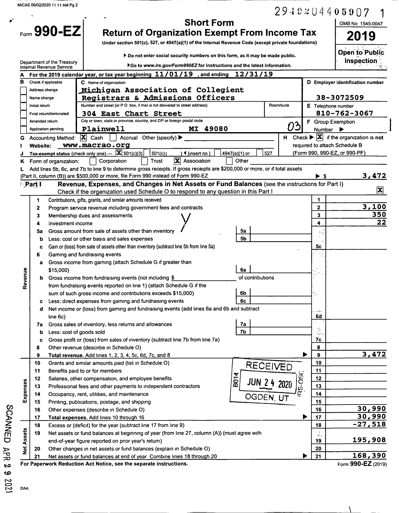 Image of first page of 2019 Form 990EZ for Michigan Association of Collegiate Registrars and Admissions Officers