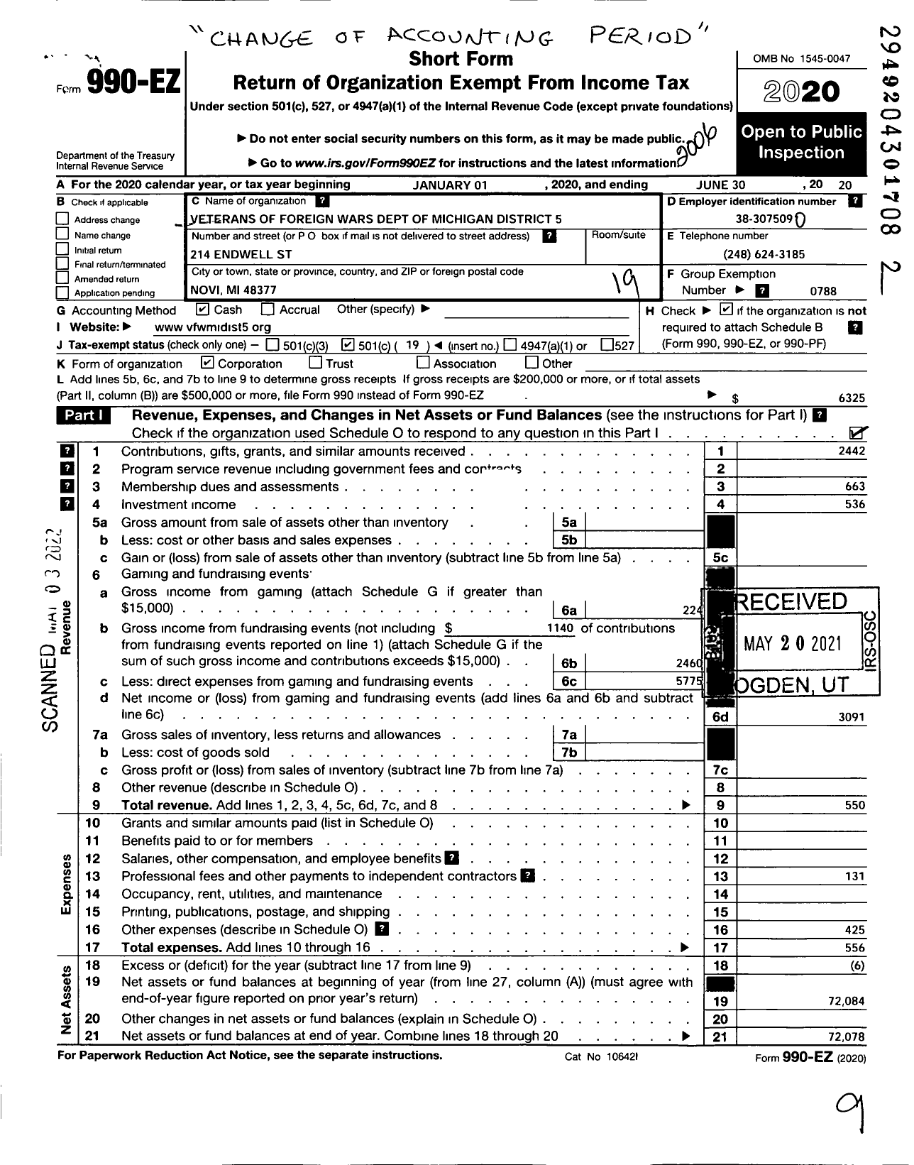 Image of first page of 2019 Form 990EO for VFW Department of Michigan - 5th District