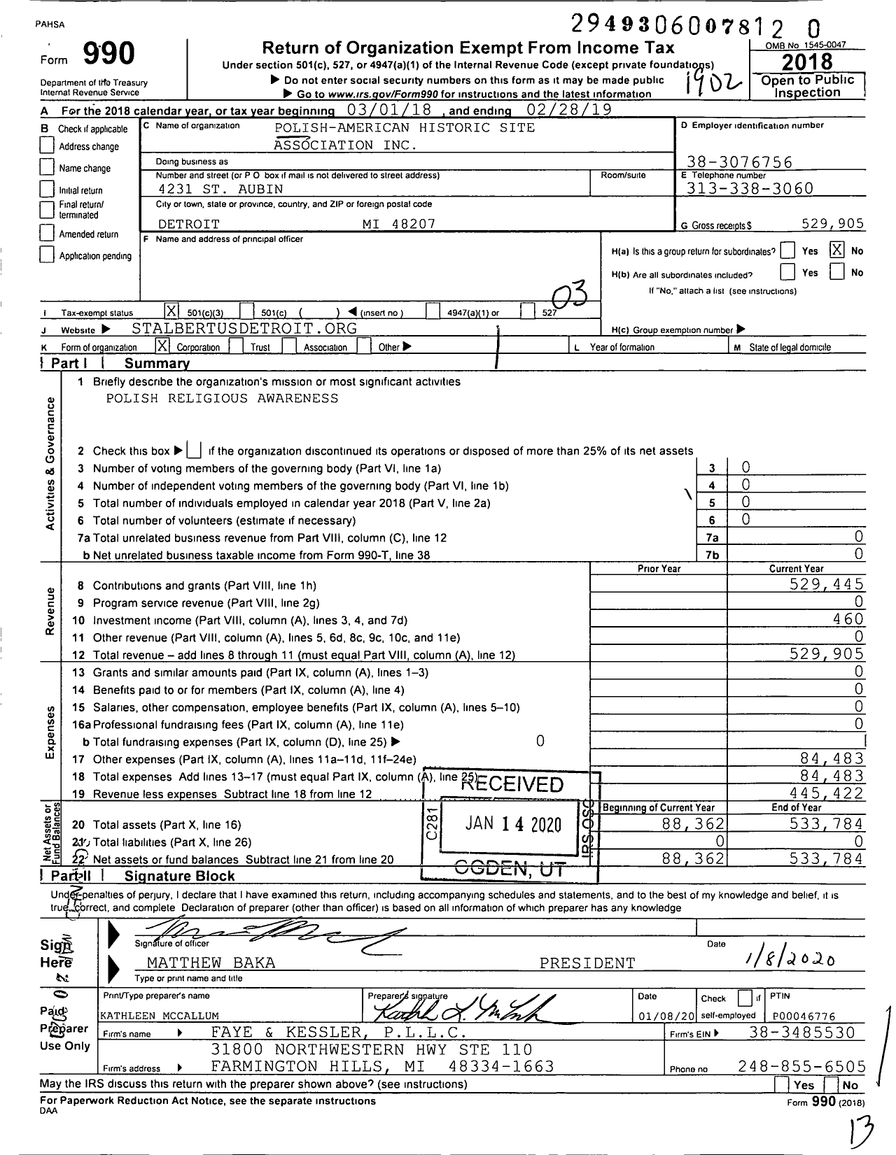 Image of first page of 2018 Form 990 for Polish-American Historic Site Association