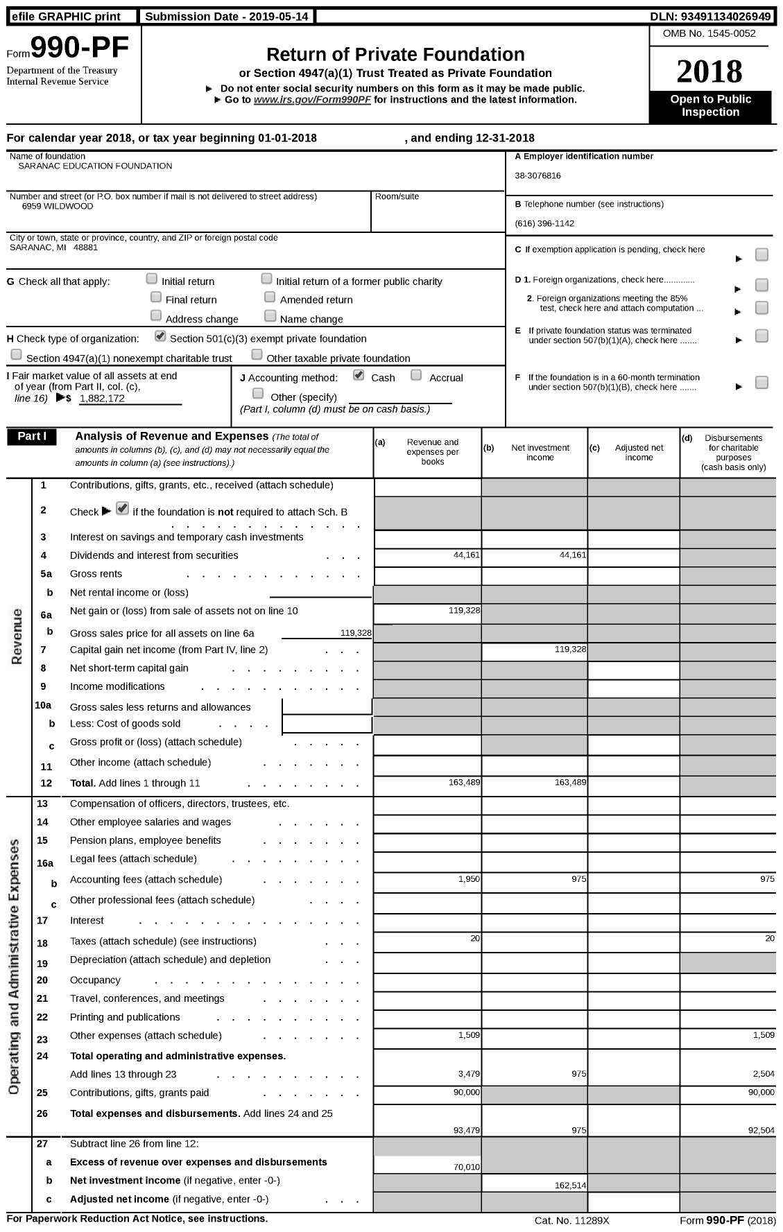 Image of first page of 2018 Form 990PF for Saranac Education Foundation