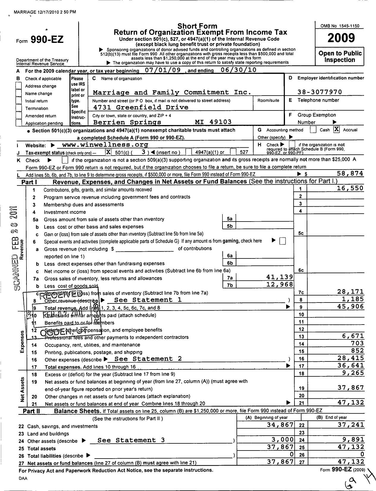 Image of first page of 2009 Form 990EZ for Marriage and Family Commitment