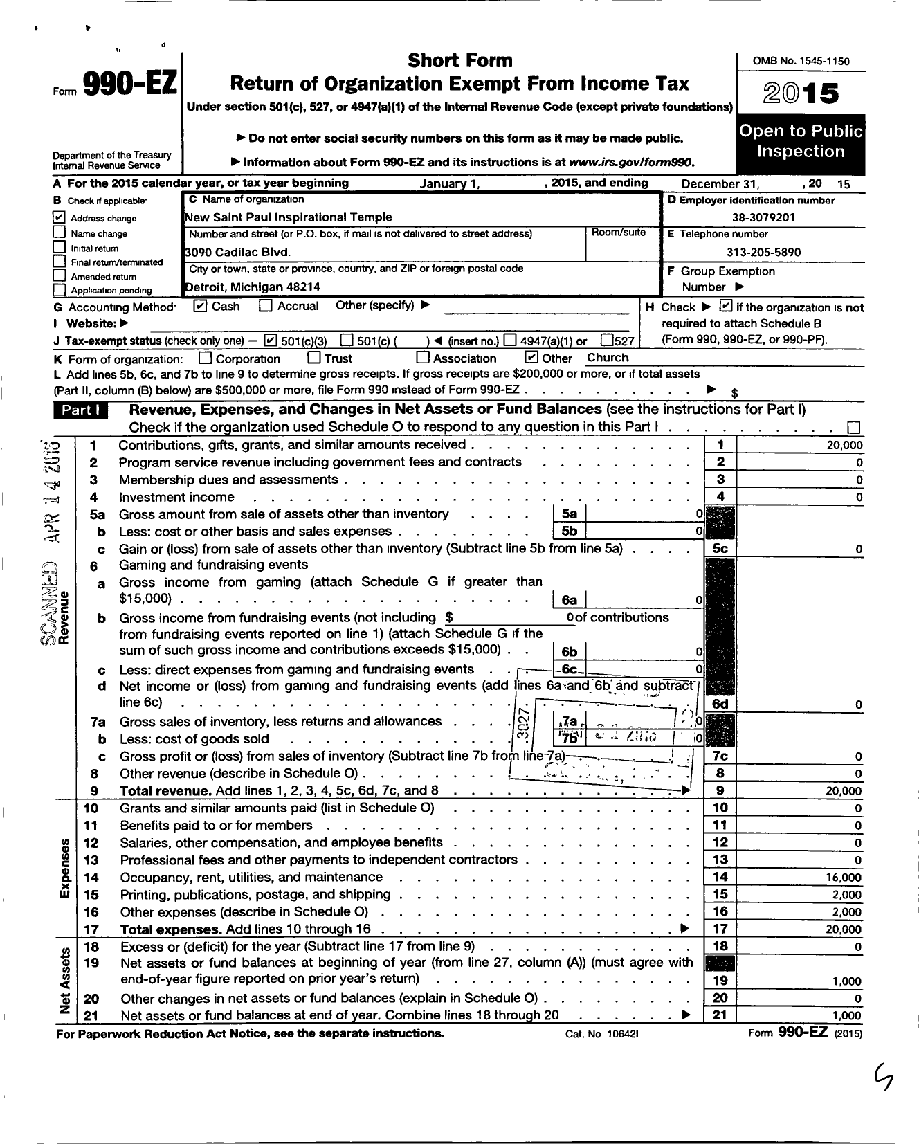 Image of first page of 2015 Form 990EZ for New Saint Paul Inspirational Temple