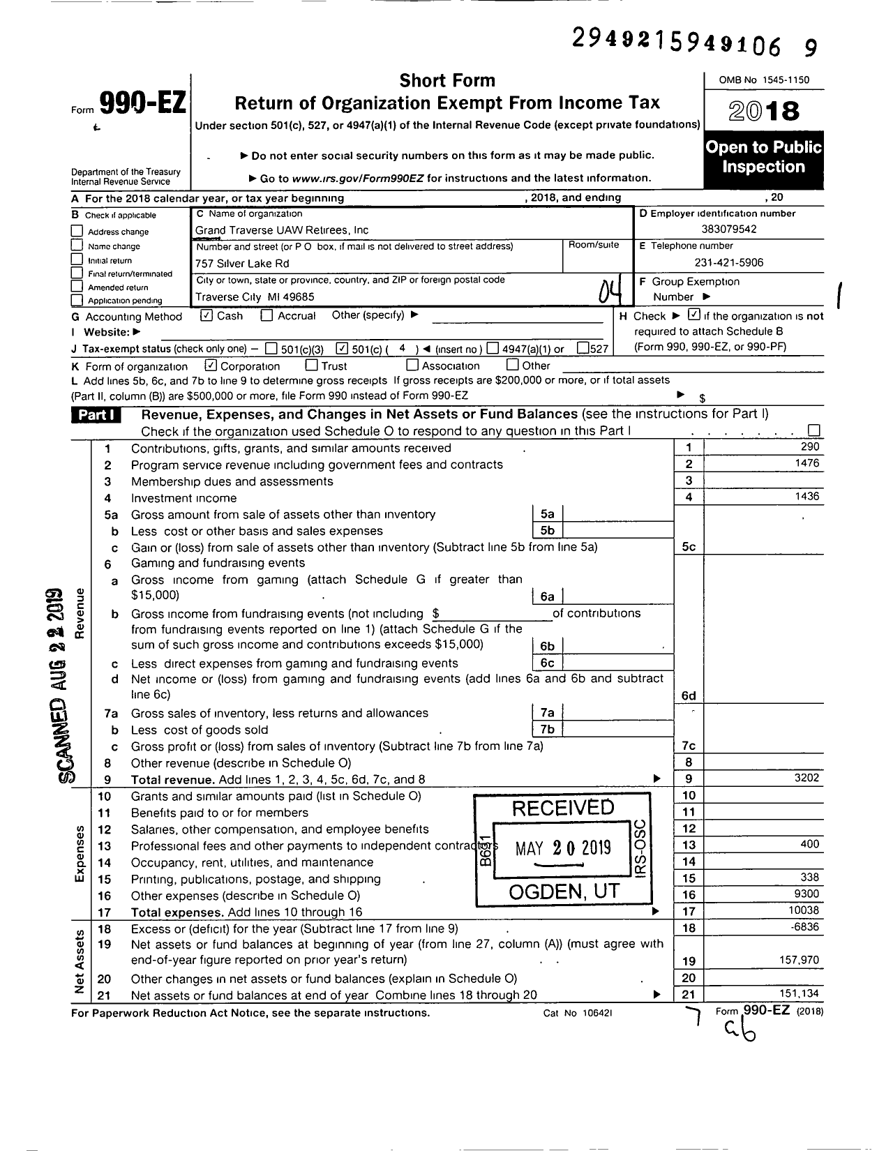 Image of first page of 2018 Form 990EO for Grand Traverse UAW Retirees