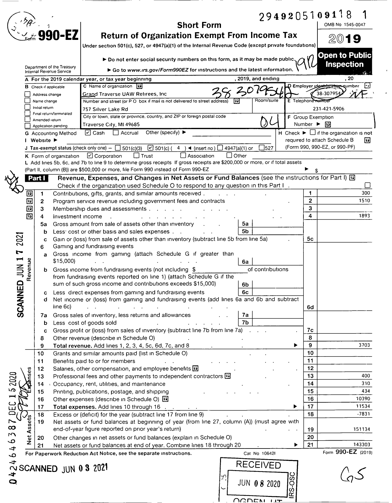 Image of first page of 2019 Form 990EO for Grand Traverse UAW Retirees