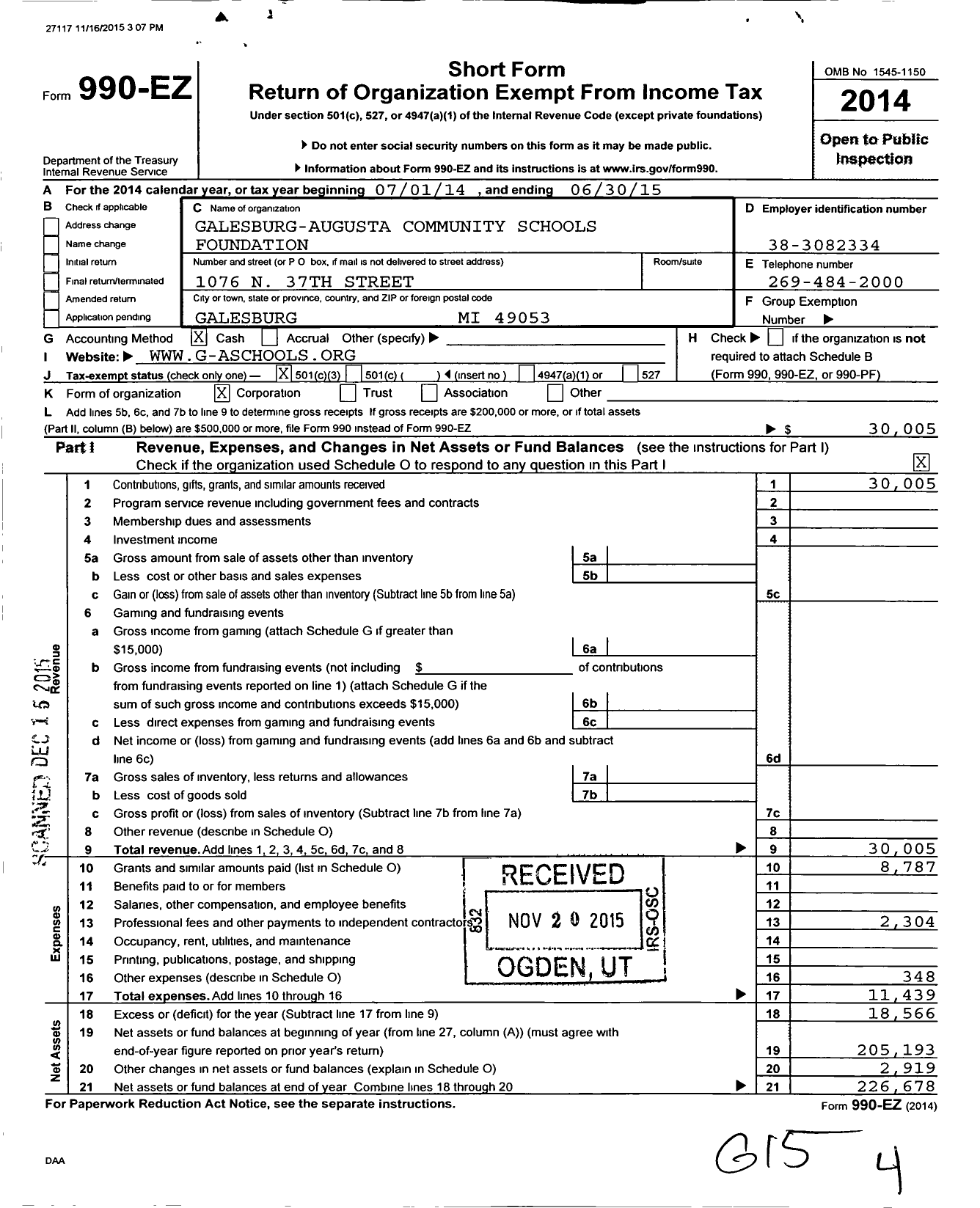 Image of first page of 2014 Form 990EZ for Galesburg-Augusta Community Schools Foundation