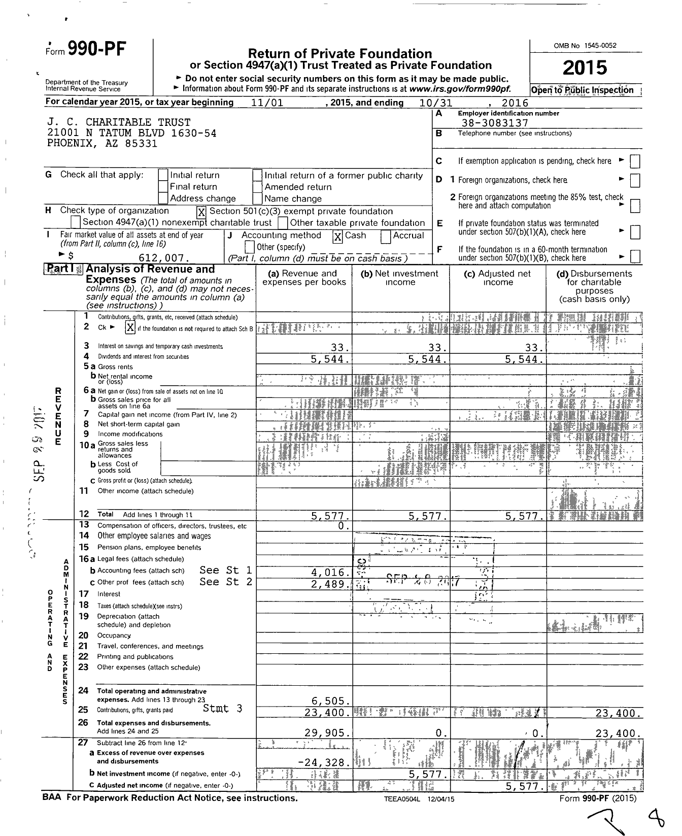 Image of first page of 2015 Form 990PF for J C Charitable Trust