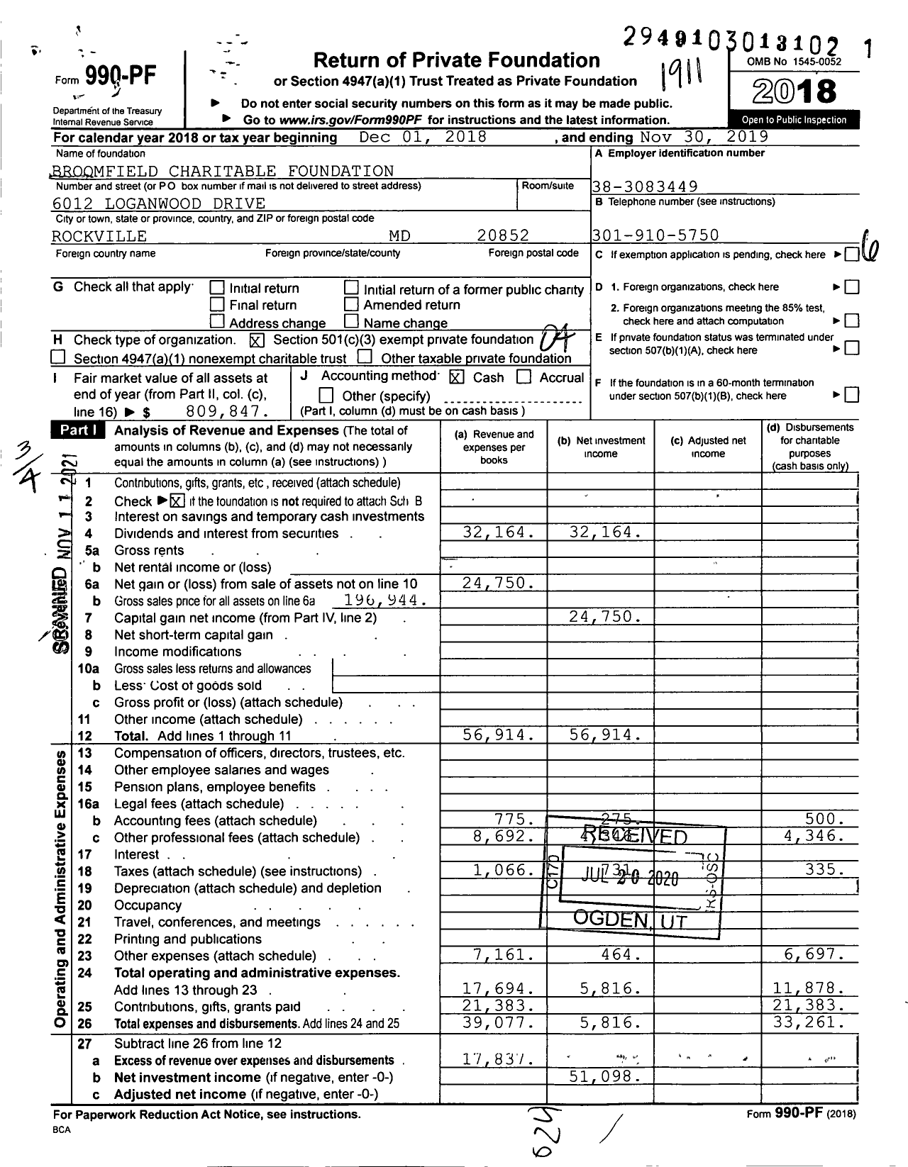 Image of first page of 2018 Form 990PF for Broomfield Charitable Foundation