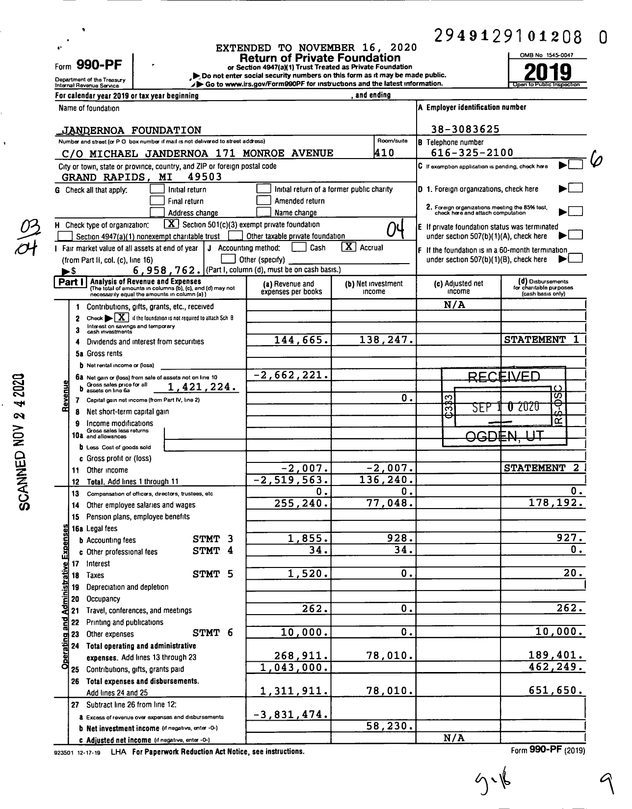 Image of first page of 2019 Form 990PF for Jandernoa Foundation