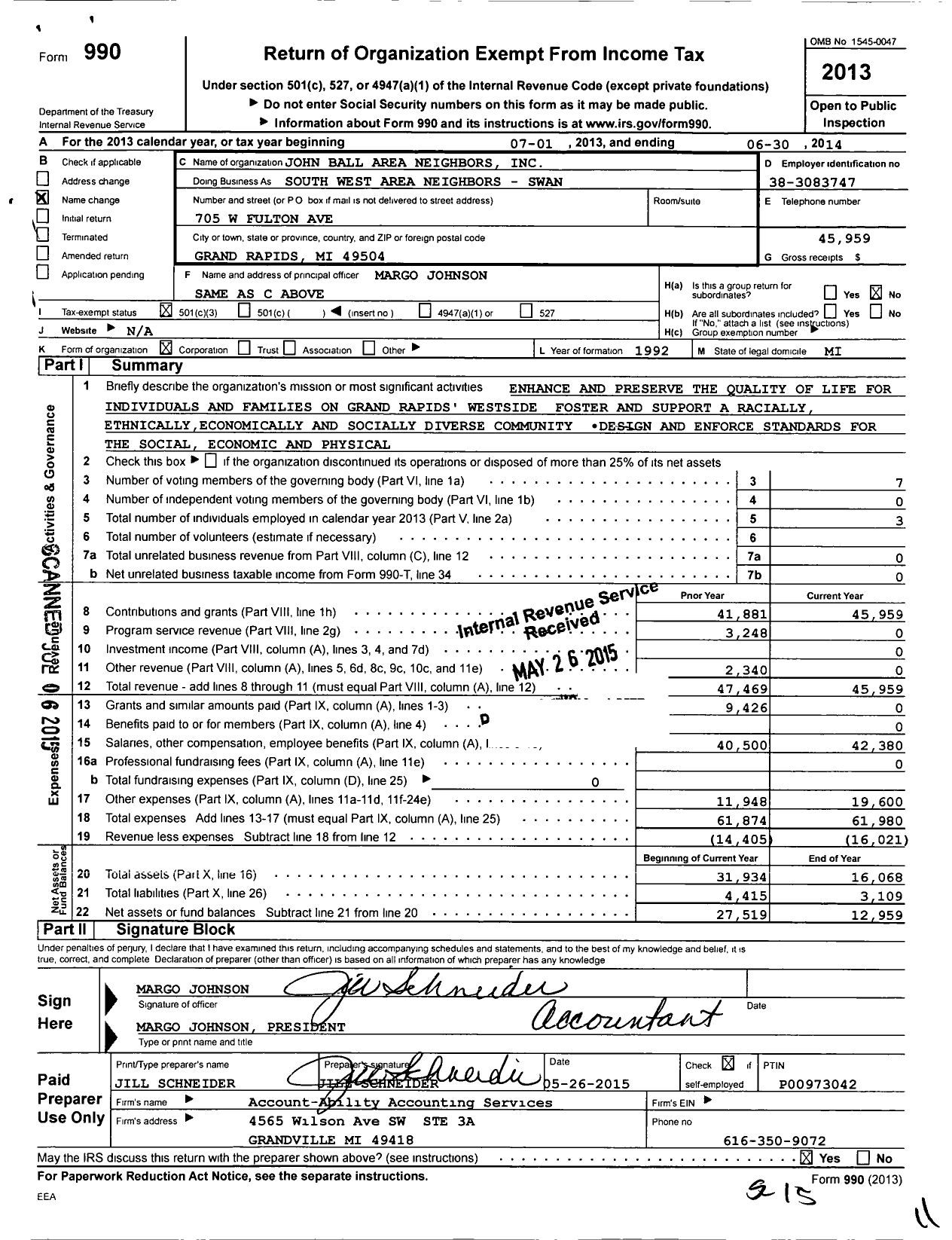 Image of first page of 2013 Form 990 for John Ball Area Neighbors