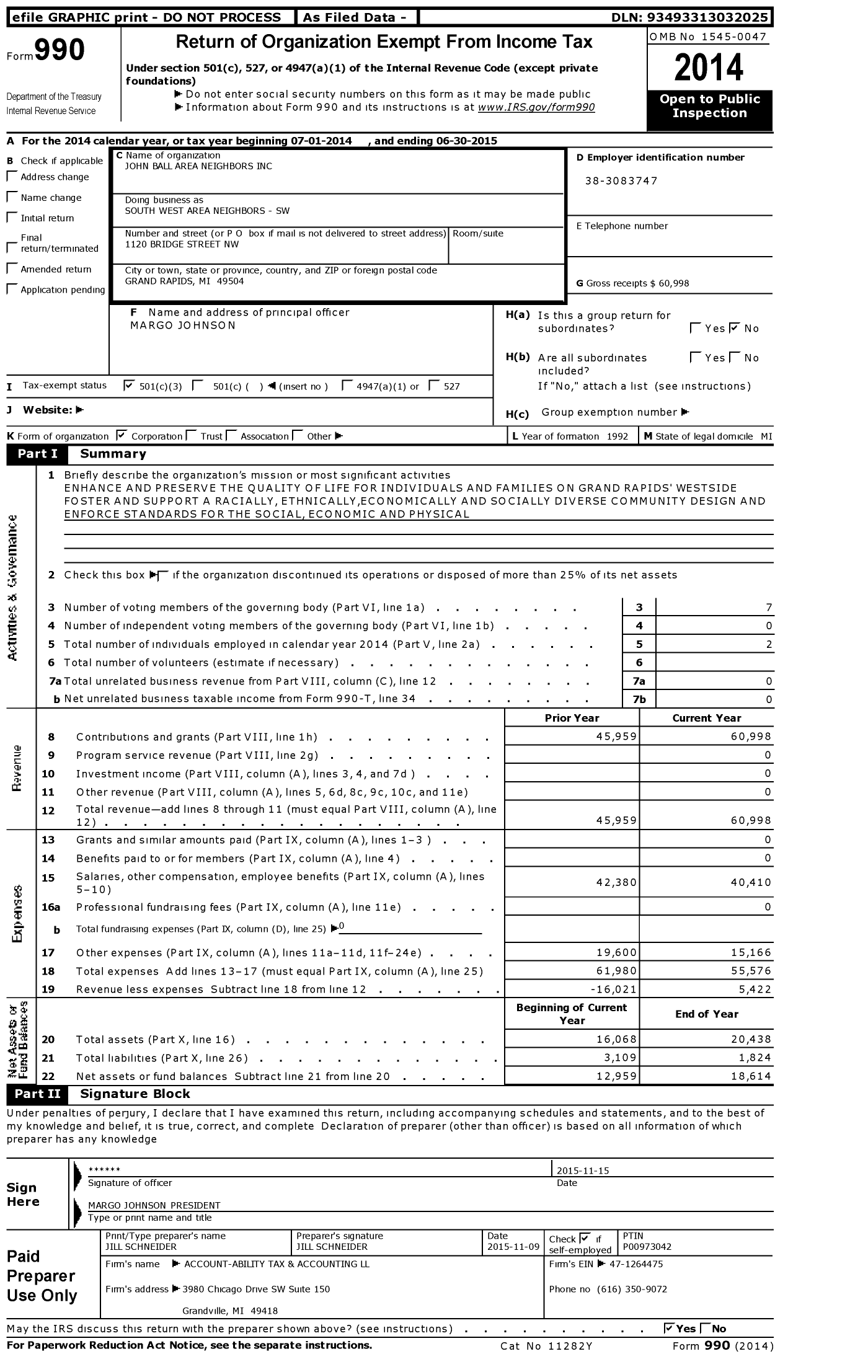 Image of first page of 2014 Form 990 for John Ball Area Neighbors