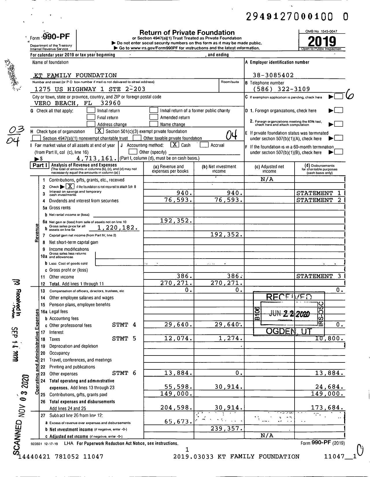 Image of first page of 2019 Form 990PF for KT Family Foundation