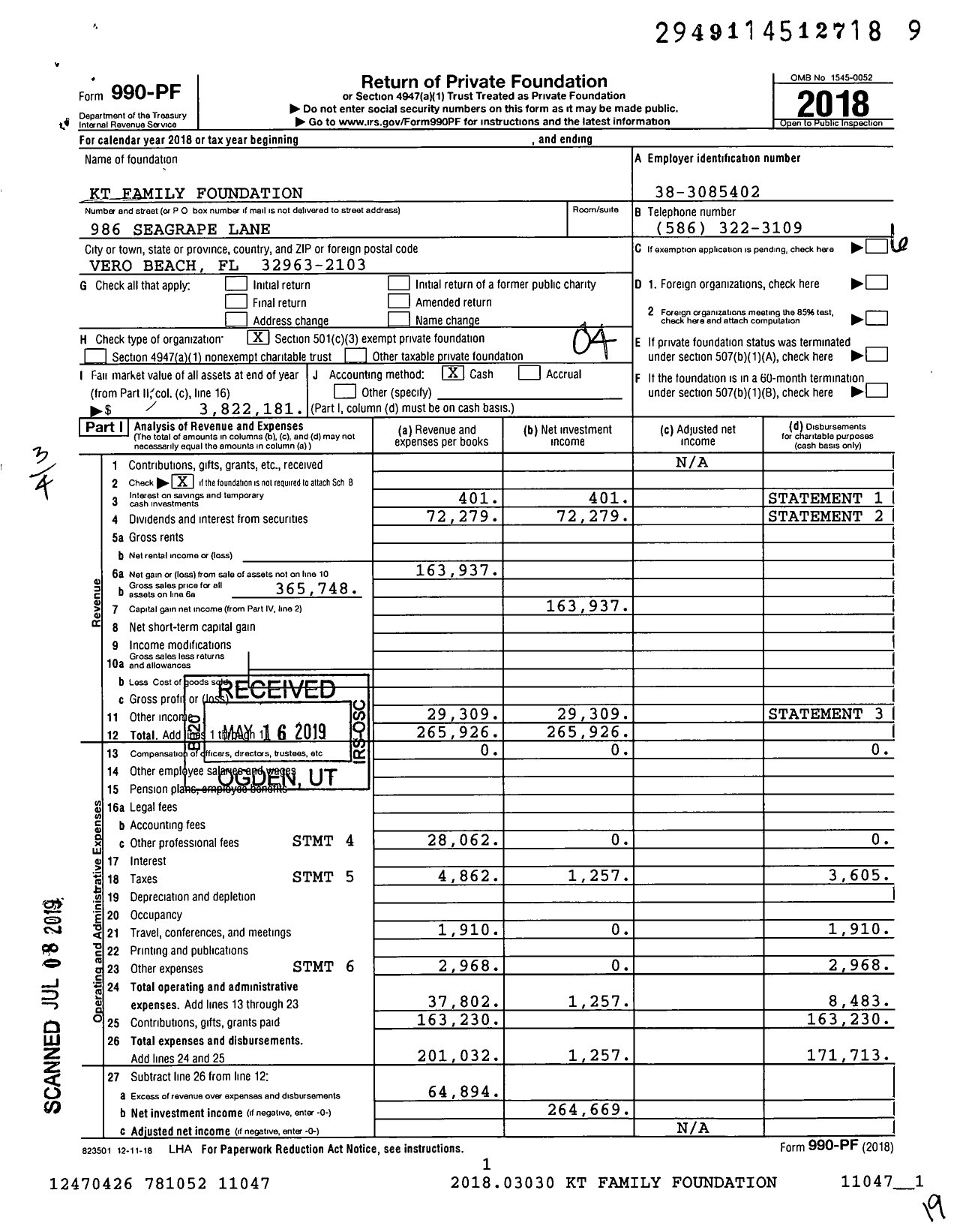 Image of first page of 2018 Form 990PF for KT Family Foundation