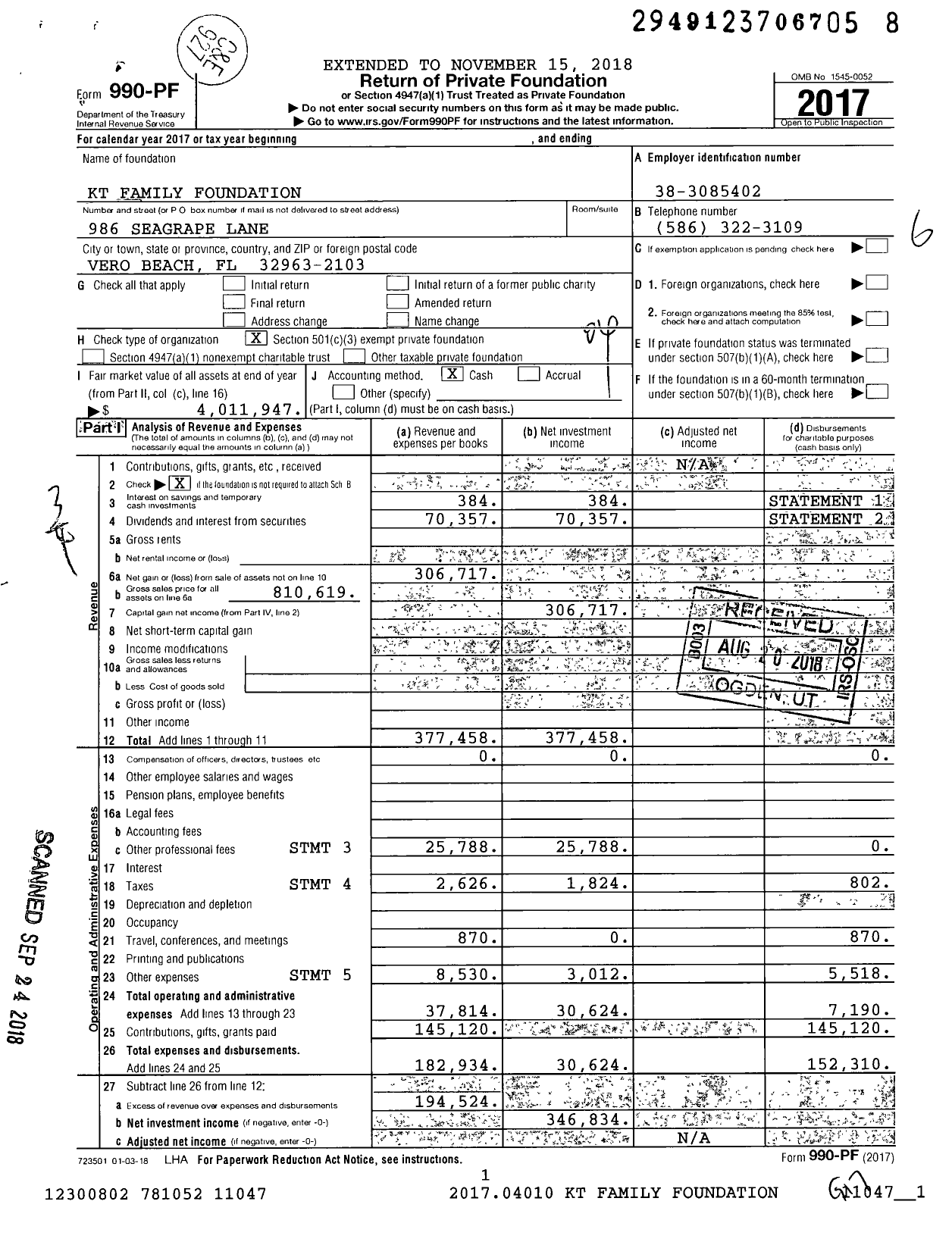 Image of first page of 2017 Form 990PF for KT Family Foundation
