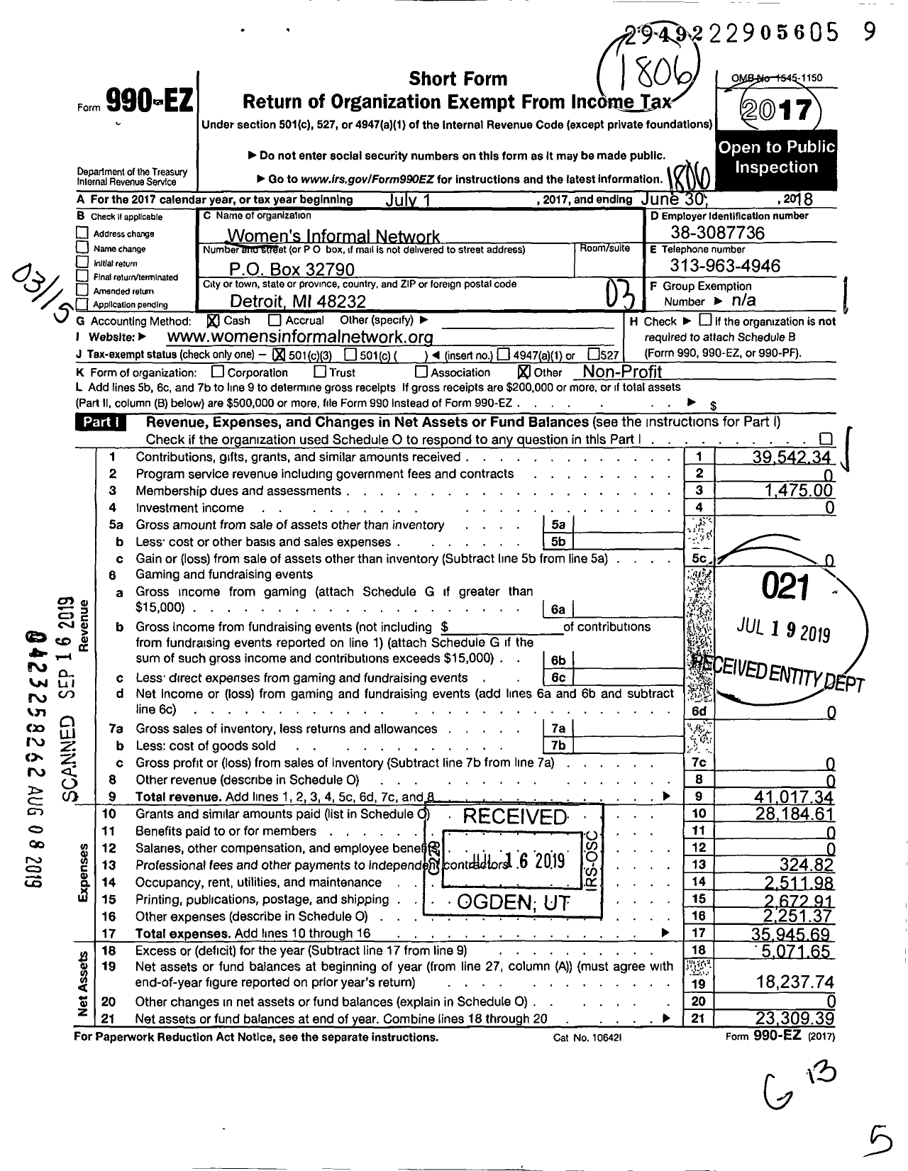 Image of first page of 2017 Form 990EZ for Womens Informal Network (WIN)