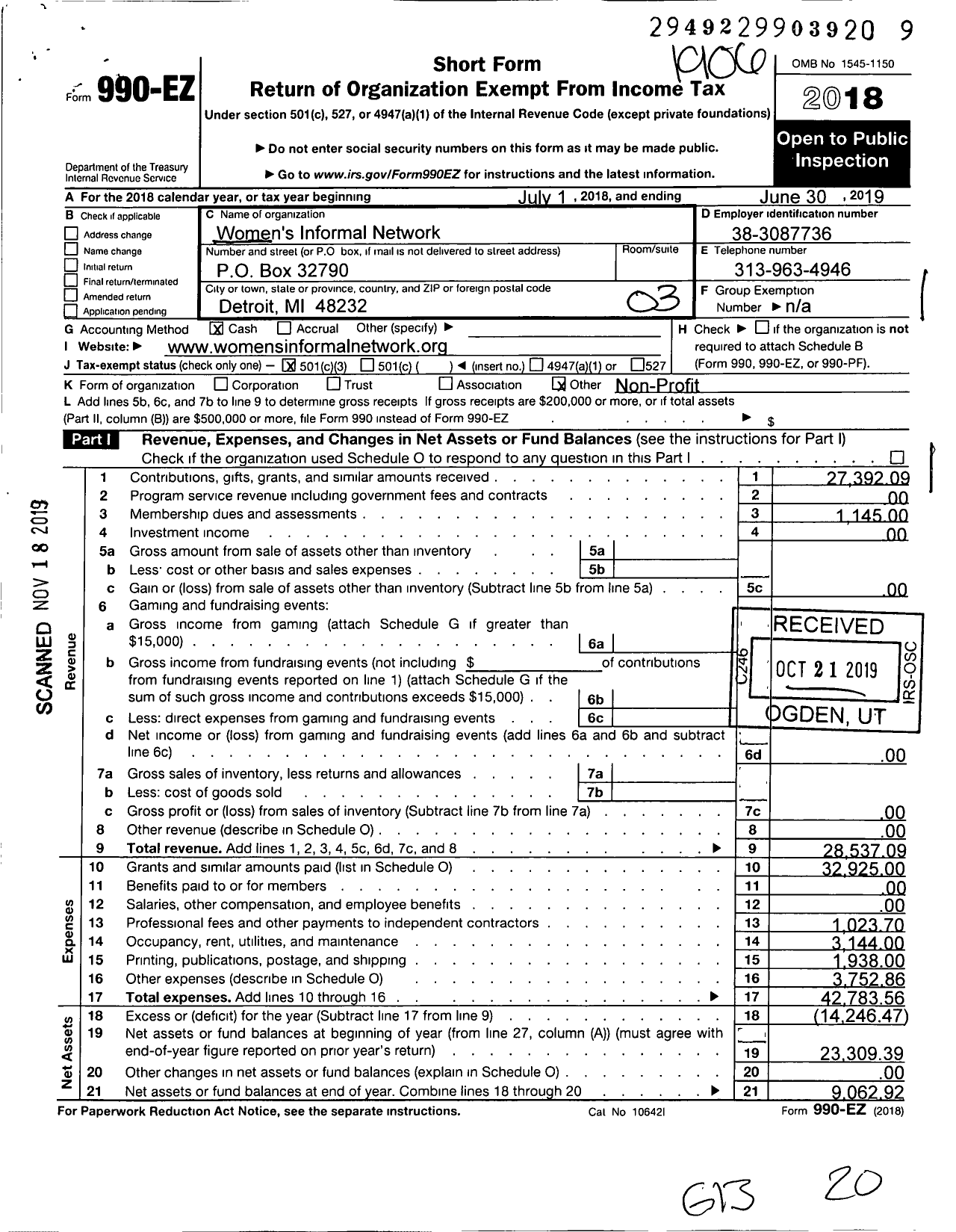 Image of first page of 2018 Form 990EZ for Womens Informal Network (WIN)