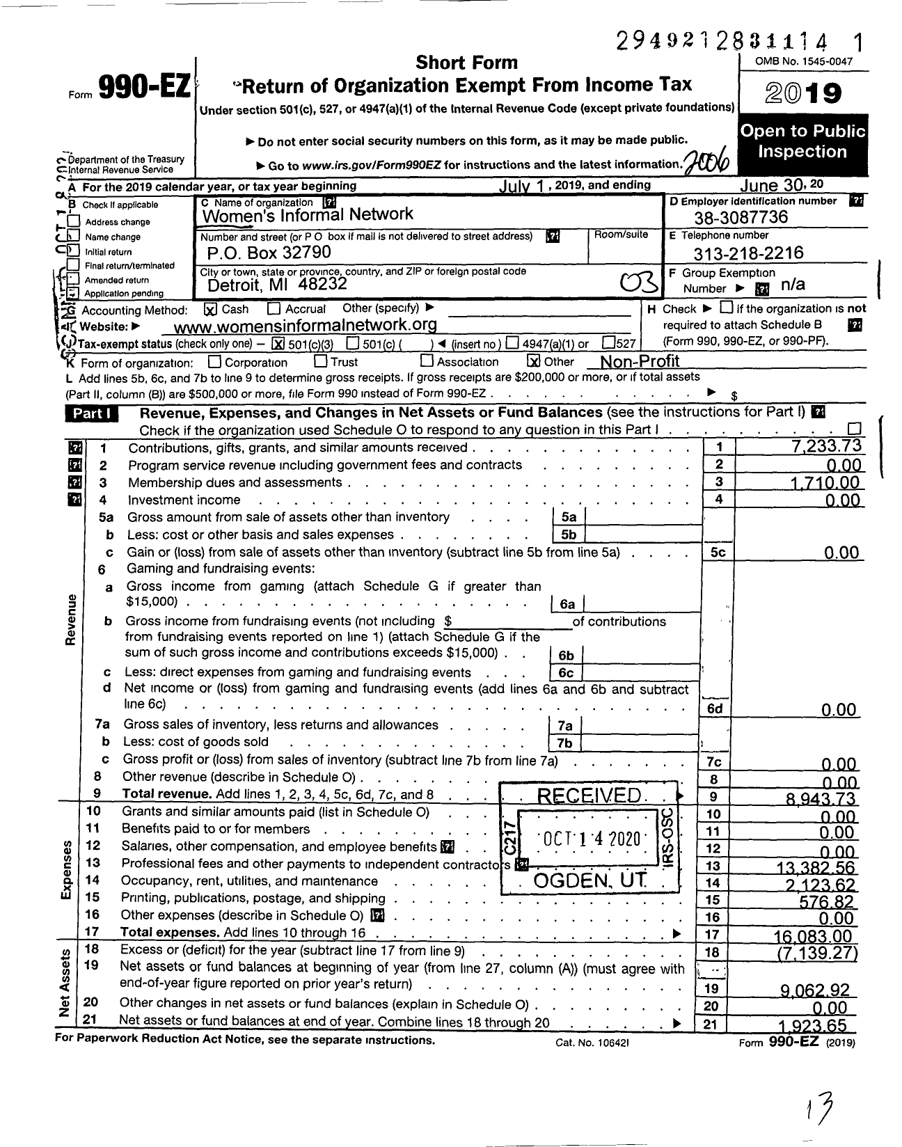 Image of first page of 2019 Form 990EZ for Womens Informal Network (WIN)