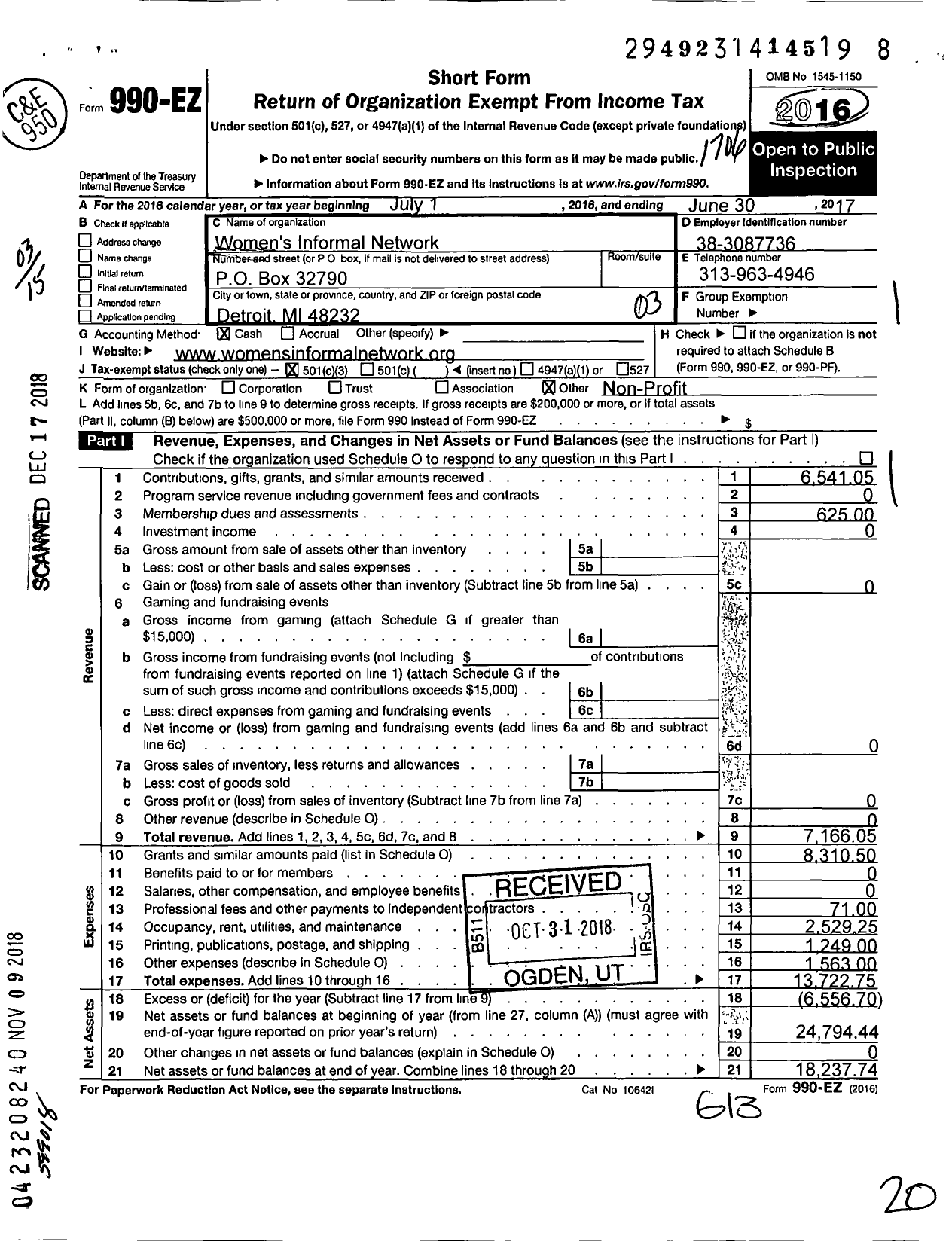 Image of first page of 2016 Form 990EZ for Womens Informal Network (WIN)