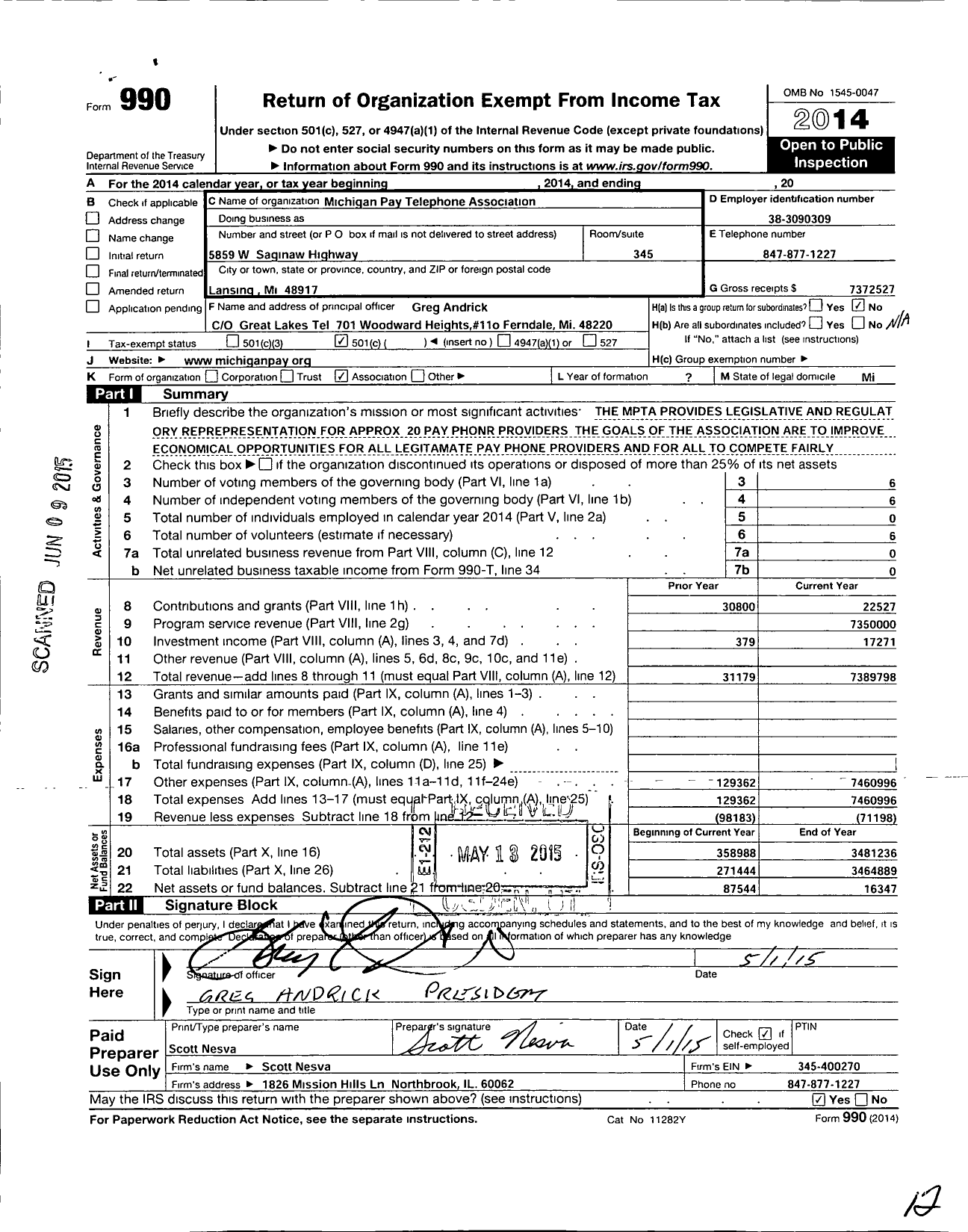 Image of first page of 2014 Form 990O for Michigan Pay Telephone Association (MPTA)