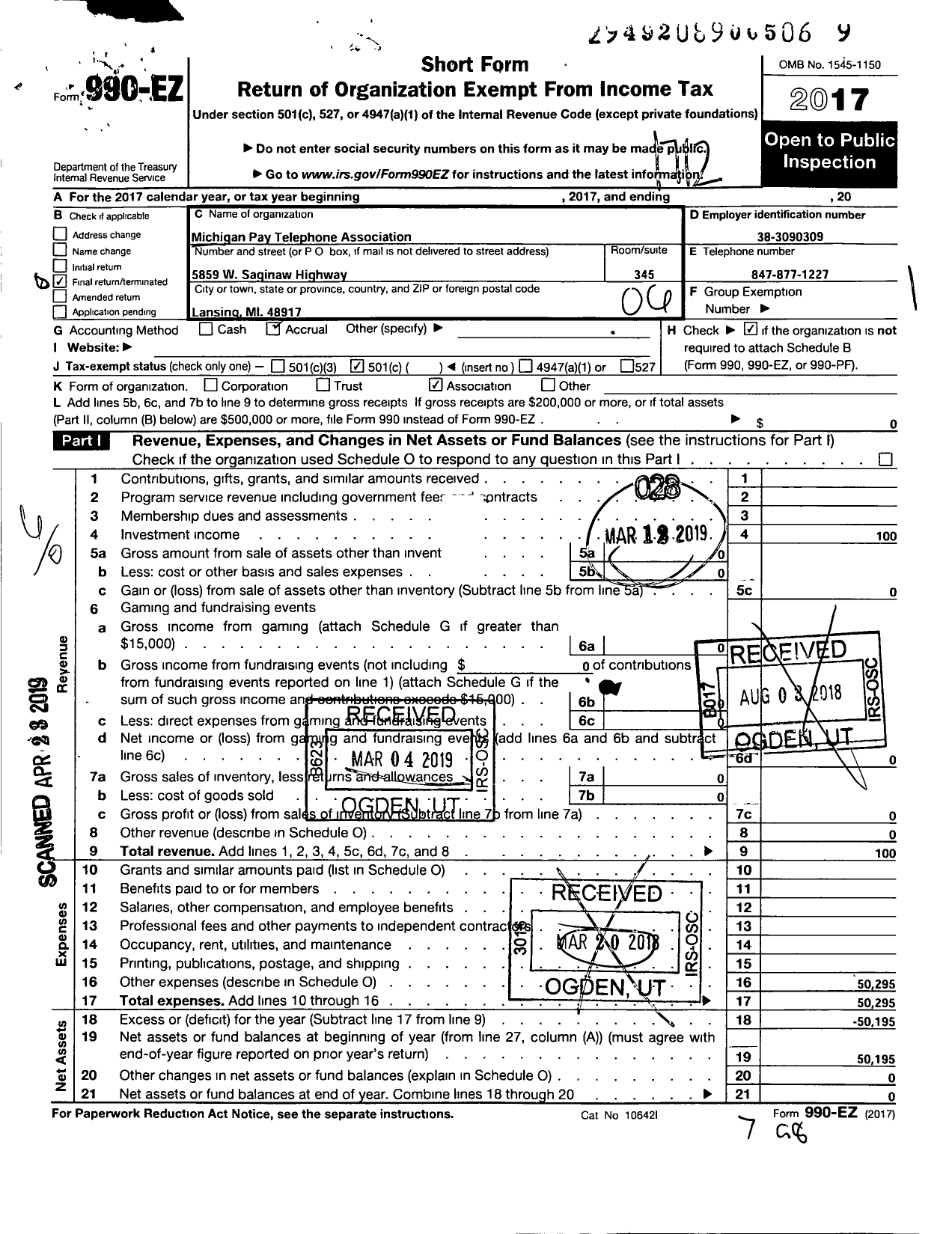 Image of first page of 2017 Form 990EO for Michigan Pay Telephone Association (MPTA)