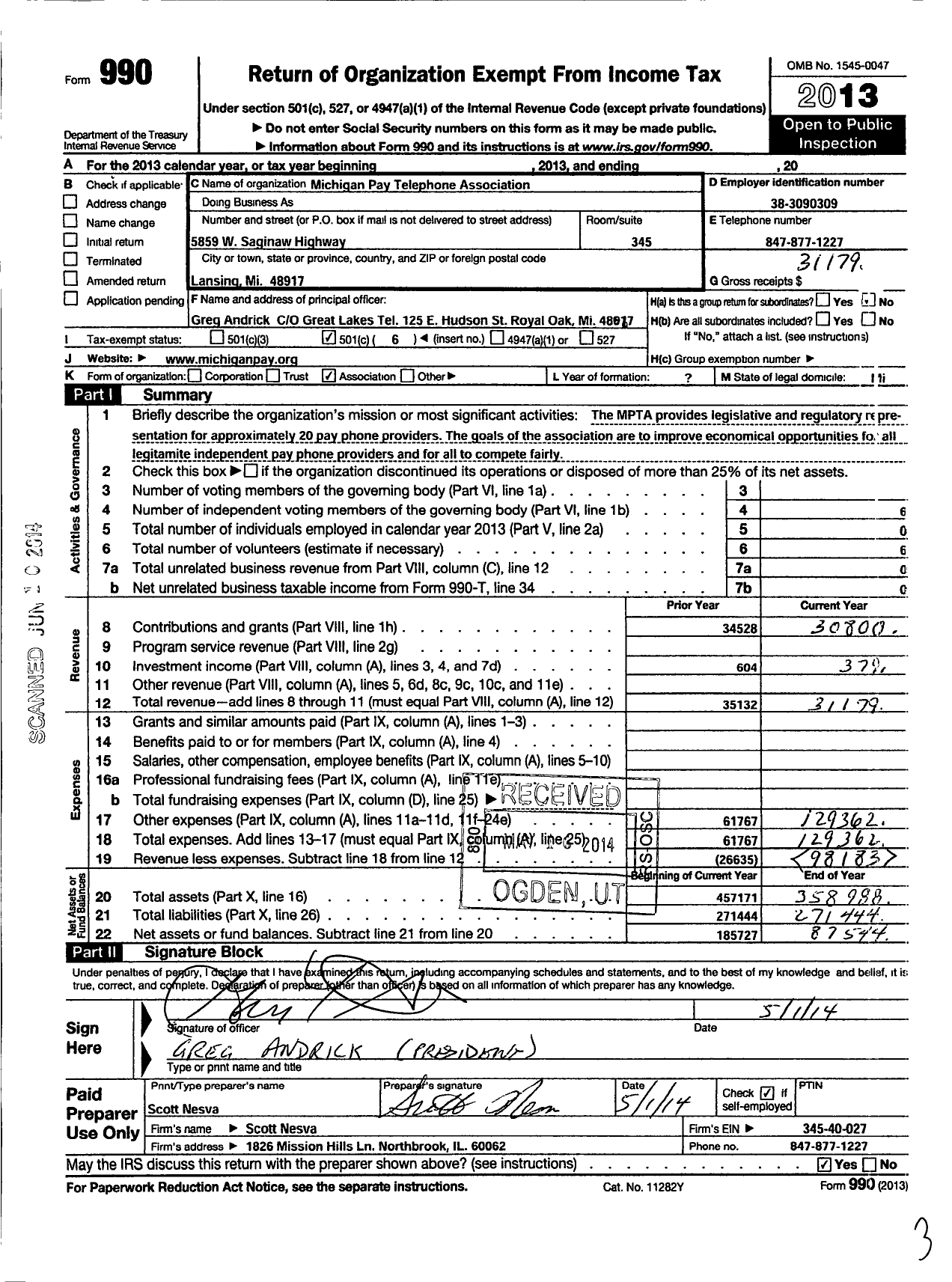 Image of first page of 2013 Form 990O for Michigan Pay Telephone Association (MPTA)