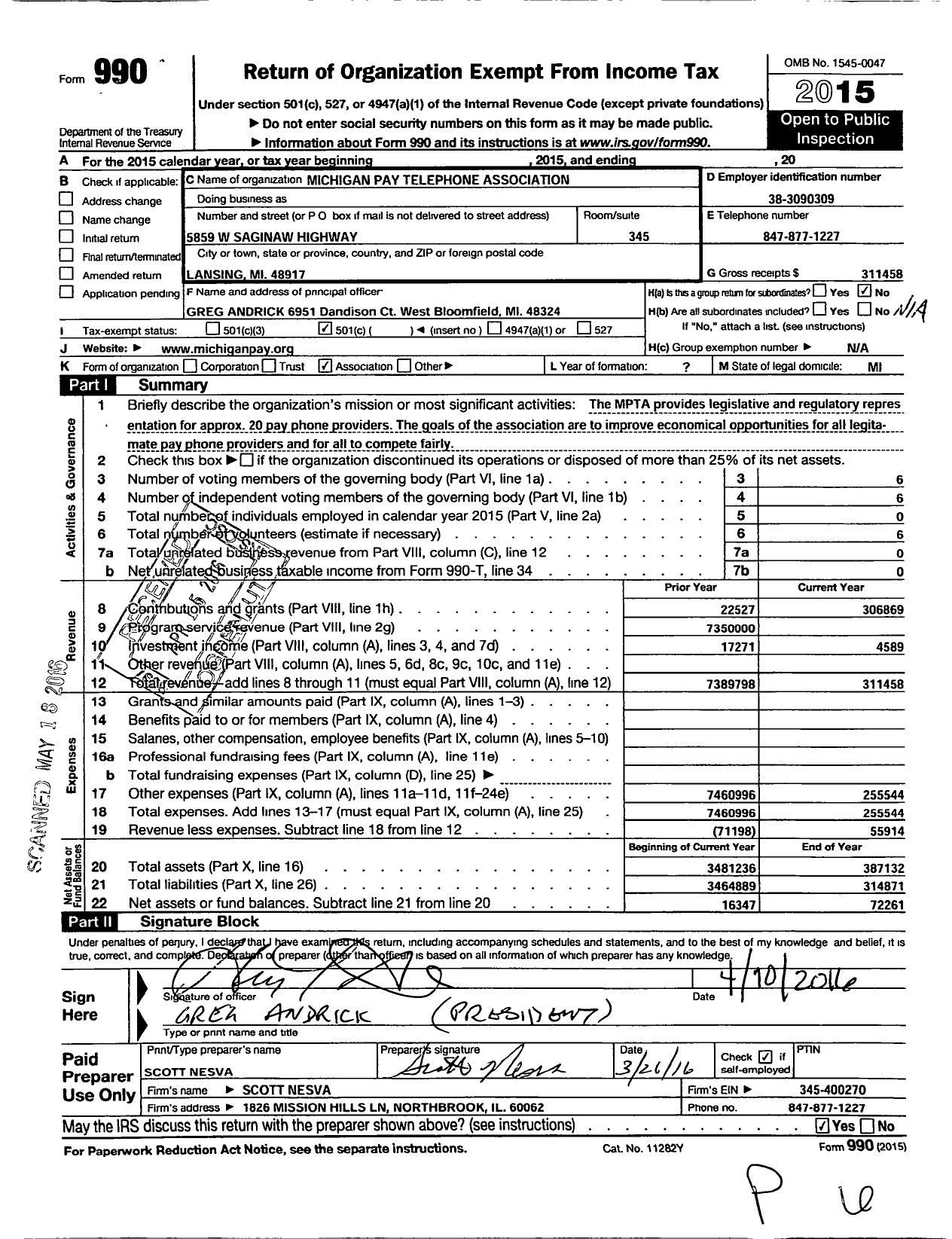 Image of first page of 2015 Form 990O for Michigan Pay Telephone Association (MPTA)