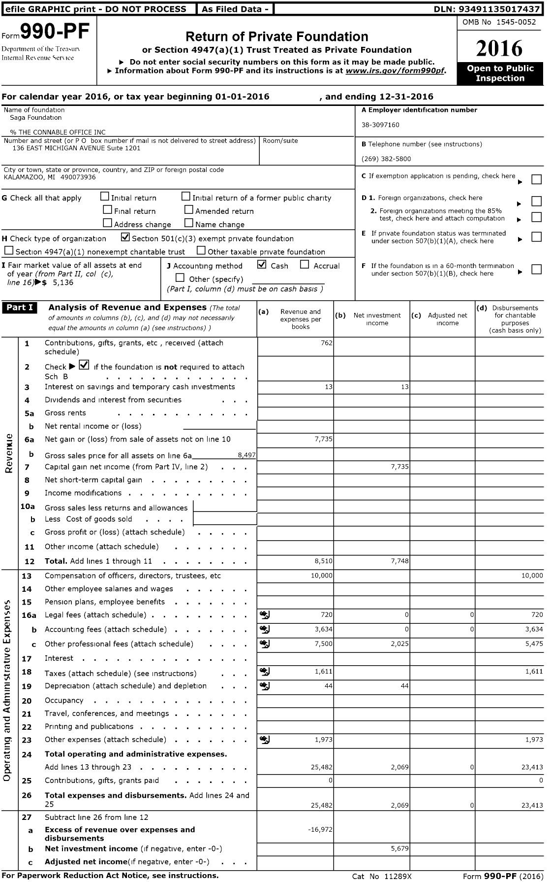 Image of first page of 2016 Form 990PF for Saga Foundation